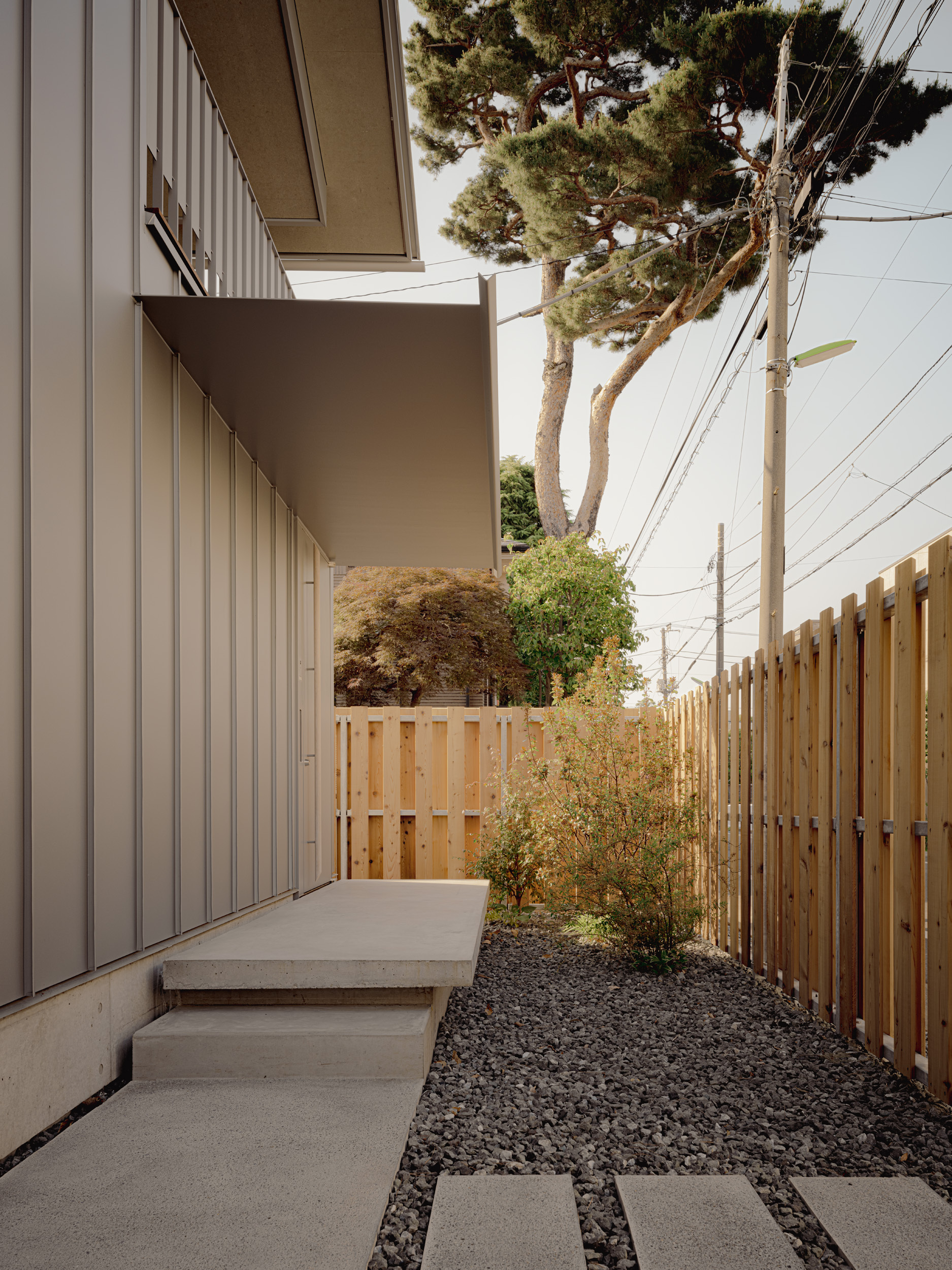 Side entrance with a concrete step, gravel bed and stepping stones beside a cedar fence, a pine rising behind in daylight