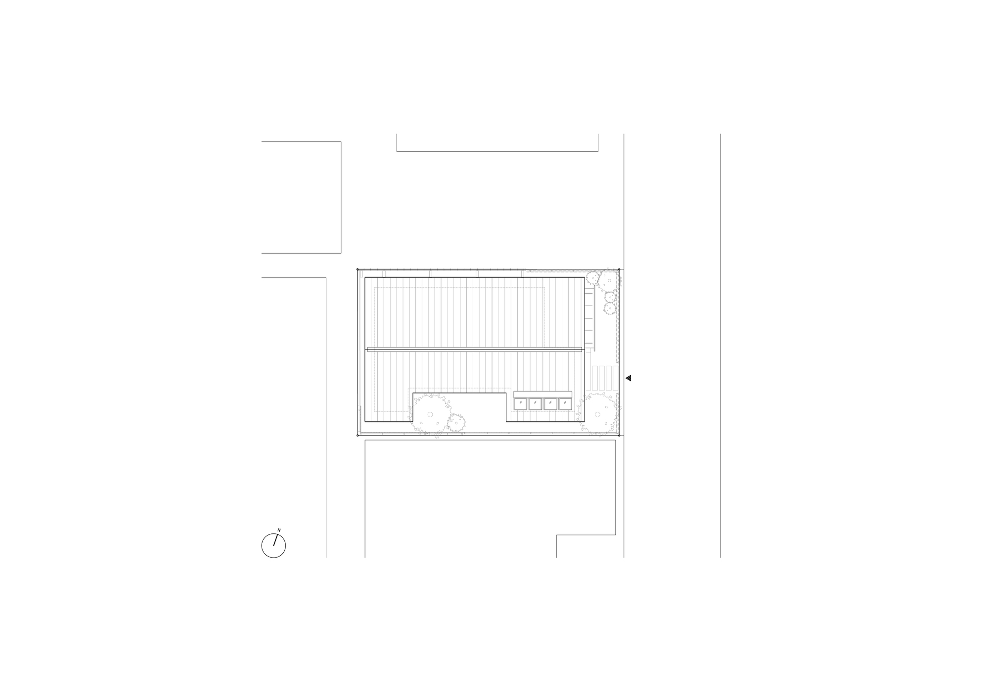 Site plan drawing showing the gabled roof of a rectangular house between neighboring lots, with trees and a north arrow
