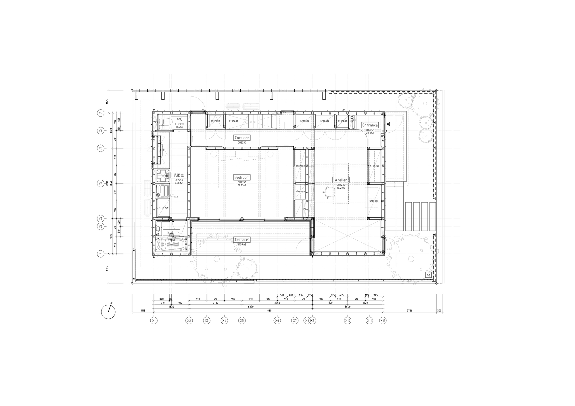 Ground floor plan drawing showing entrance, atelier, corridor, bedroom, bath and terrace arranged around a central room, with trees outside