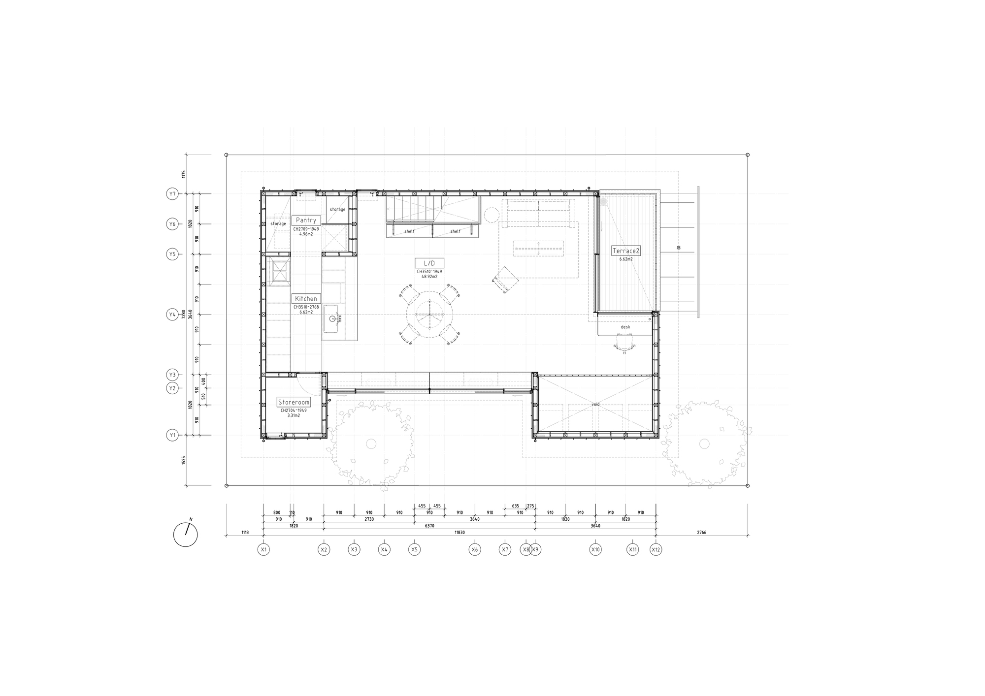 Upper floor plan drawing showing kitchen, pantry, dining and living area, stair and two terraces, with tree canopies outlined below