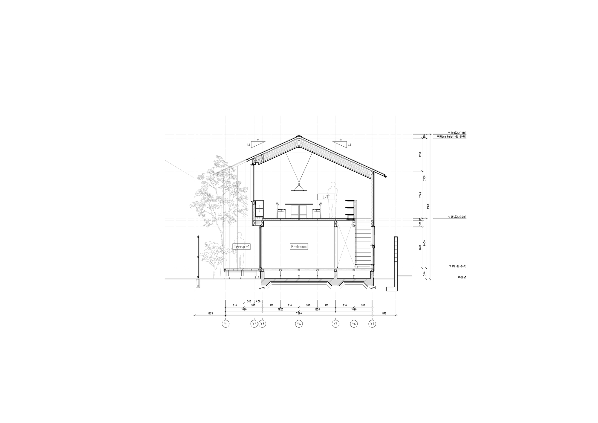 Section drawing of a two-storey gabled house with bedroom below, living and dining above, a stair, and a tree beside the terrace