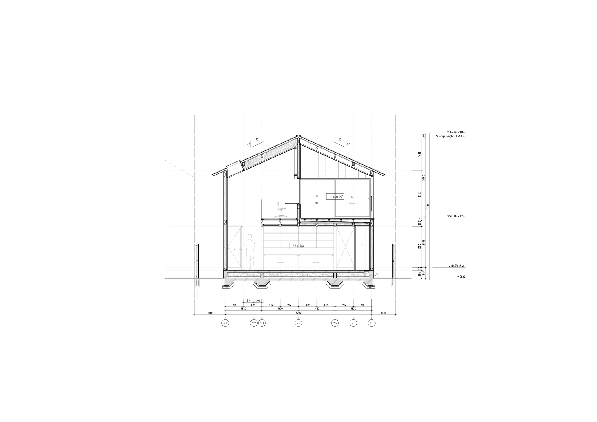 Section drawing of a gabled house cut through a ground-floor atelier and an upper terrace room under a pitched roof