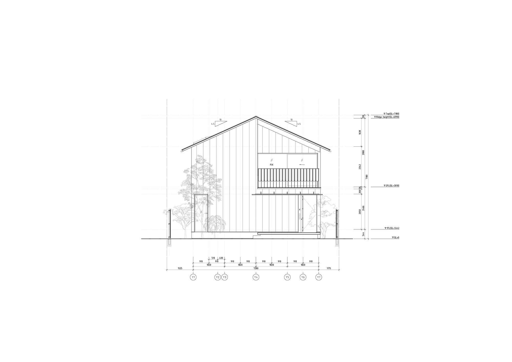 Elevation drawing of a gabled timber-clad facade with a balcony railing, upper windows and trees drawn on both sides
