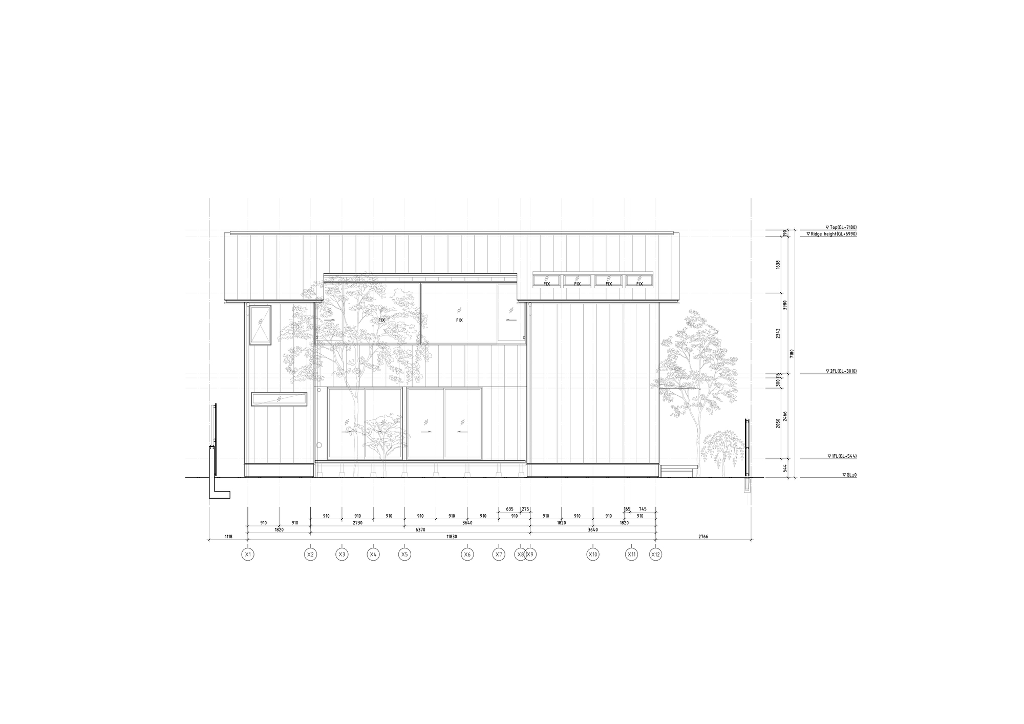 Long elevation drawing of a two-volume house with vertical cladding, sliding glass doors, a clerestory window band and a tree