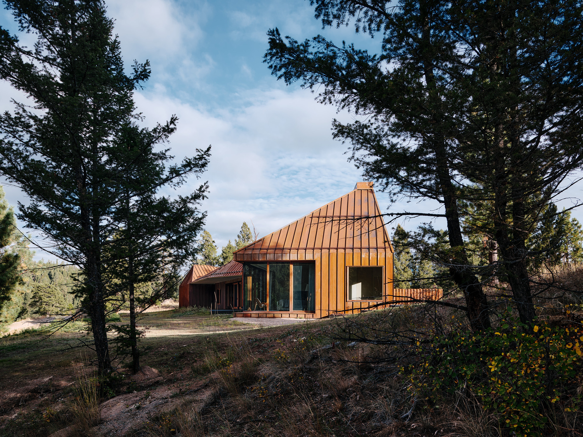 Steep gabled end with a glazed corner and standing-seam metal roof, framed by dark pine branches under a blue, cloud-streaked sky