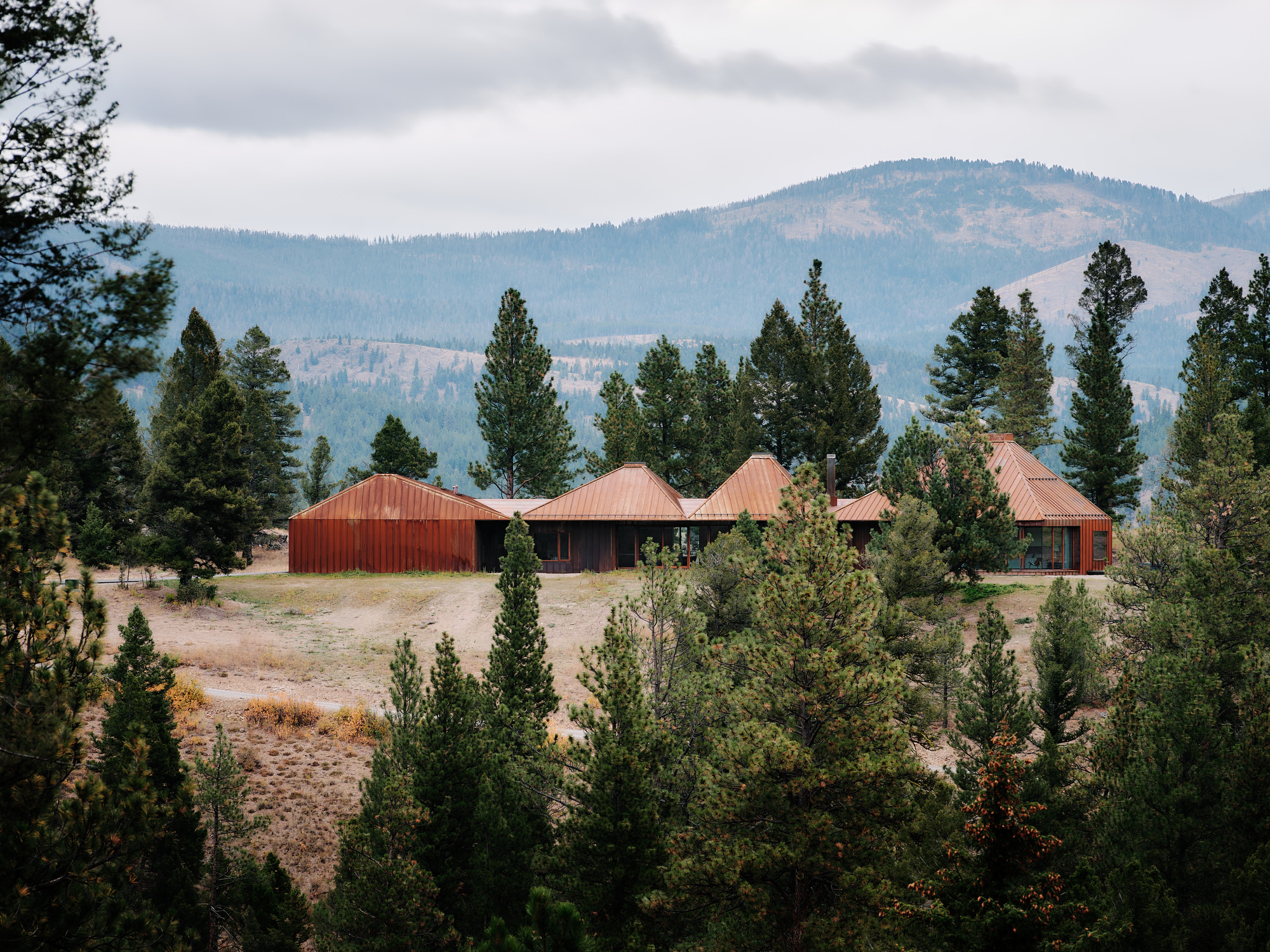 House with a row of copper-toned pyramidal roofs on a clearing, set against forested mountains under overcast sky