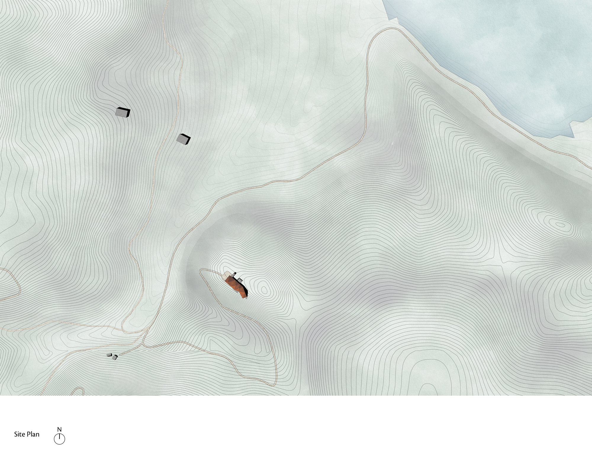 Site plan drawing showing contour lines, a winding access road and one small copper-colored building near a pale blue lake