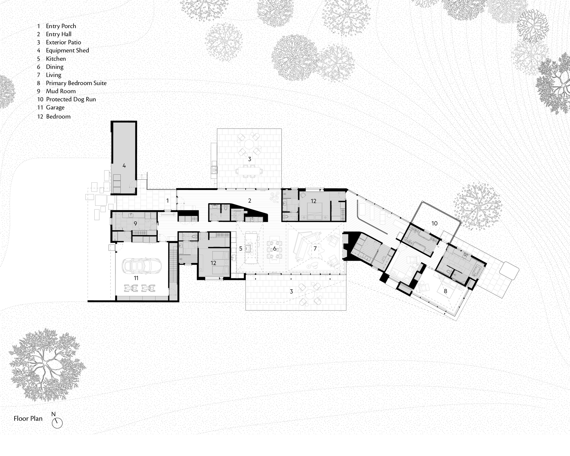 Floor plan drawing with numbered rooms including entry hall, kitchen, living, bedrooms, garage and patios, surrounded by sketched tree canopies