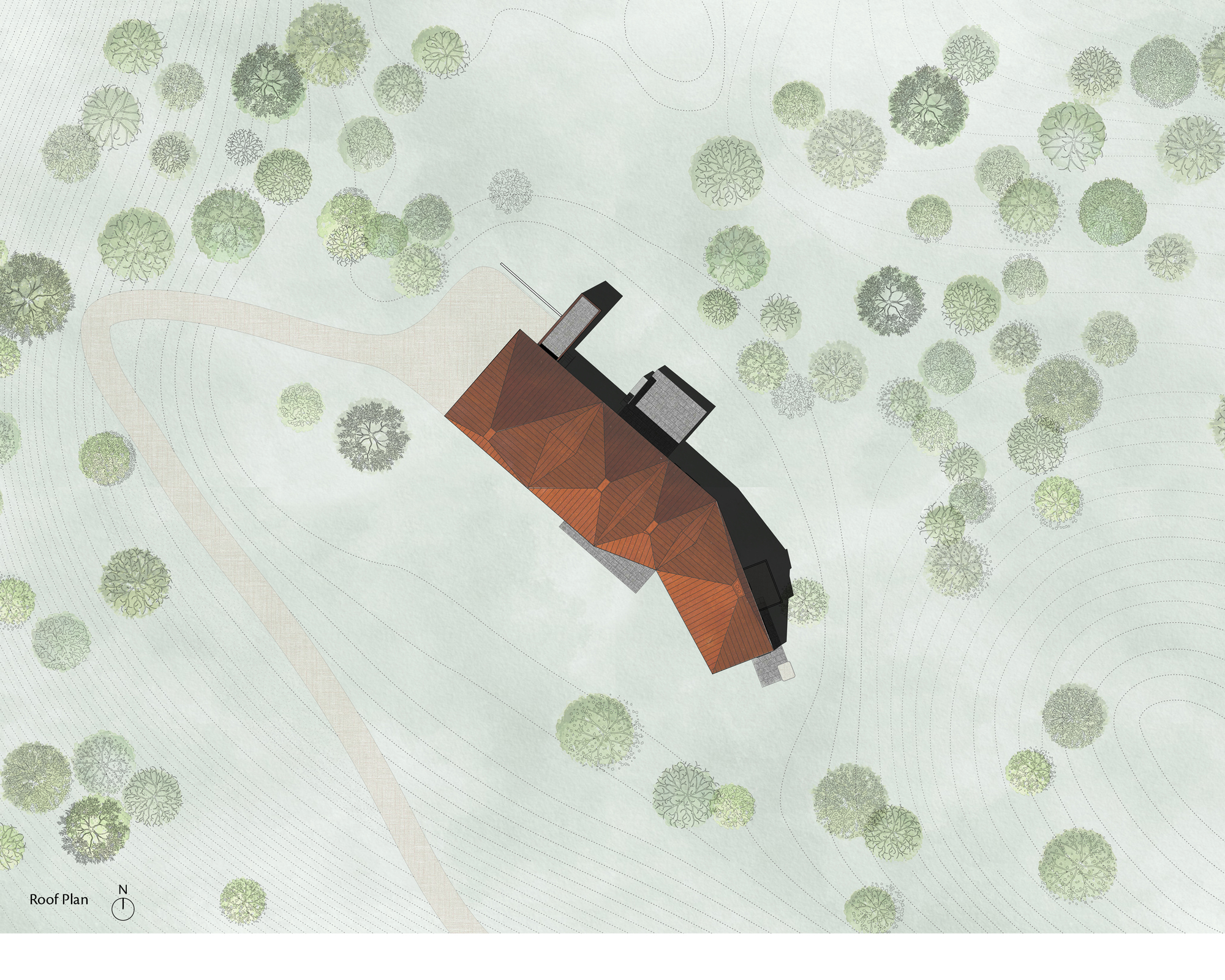 Roof plan drawing showing copper pitched roofs and dark flat volumes among green tree canopies and a curving driveway