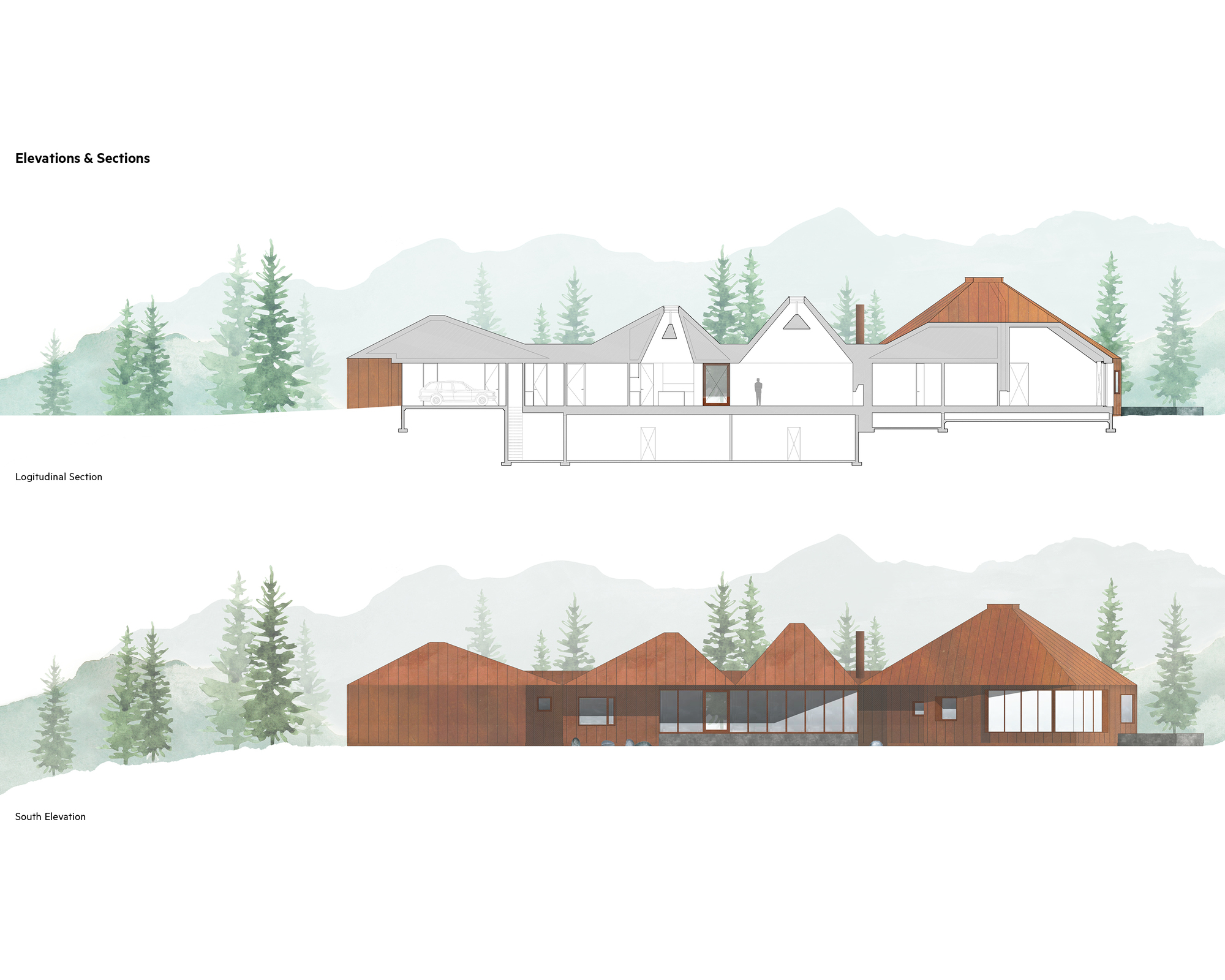 Longitudinal section and south elevation drawings of a long house with peaked copper roofs, set against a misty forest and mountain backdrop