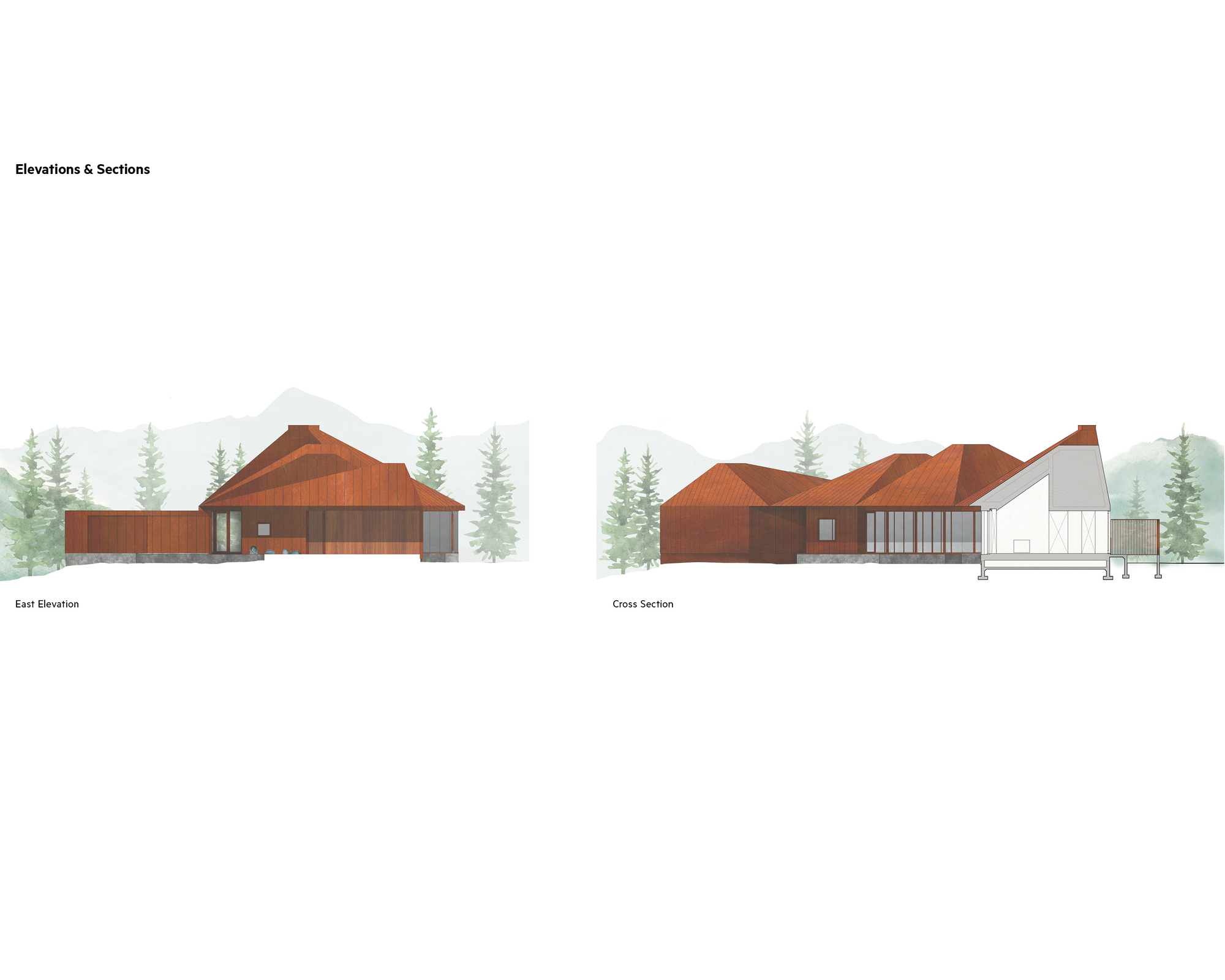 East elevation and cross section drawings of a low rust-colored pitched-roof building set against watercolor pine trees and distant mountains