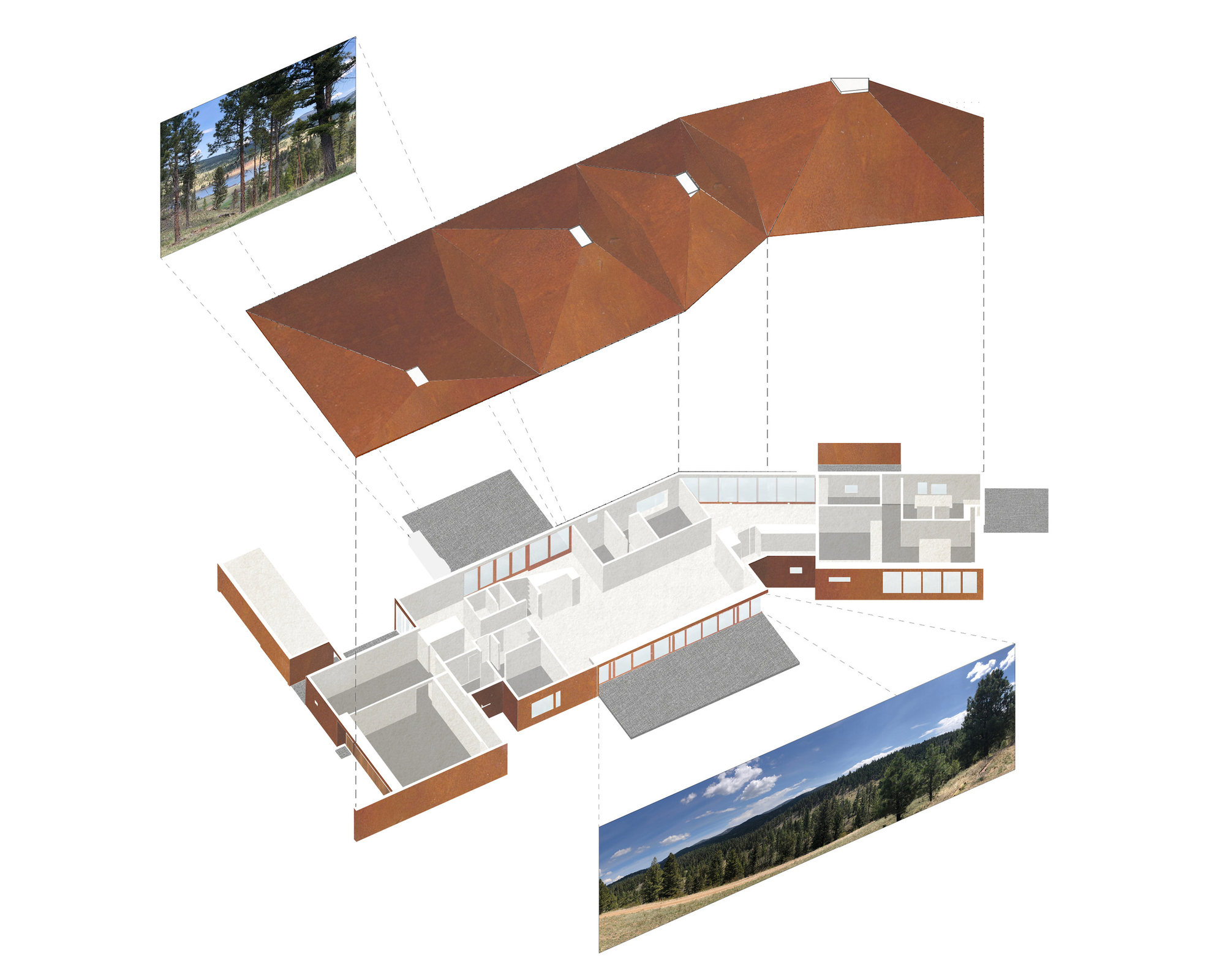 Exploded axonometric drawing lifting the faceted rust-toned roof above the floor plan, with two landscape photographs linked by dashed lines