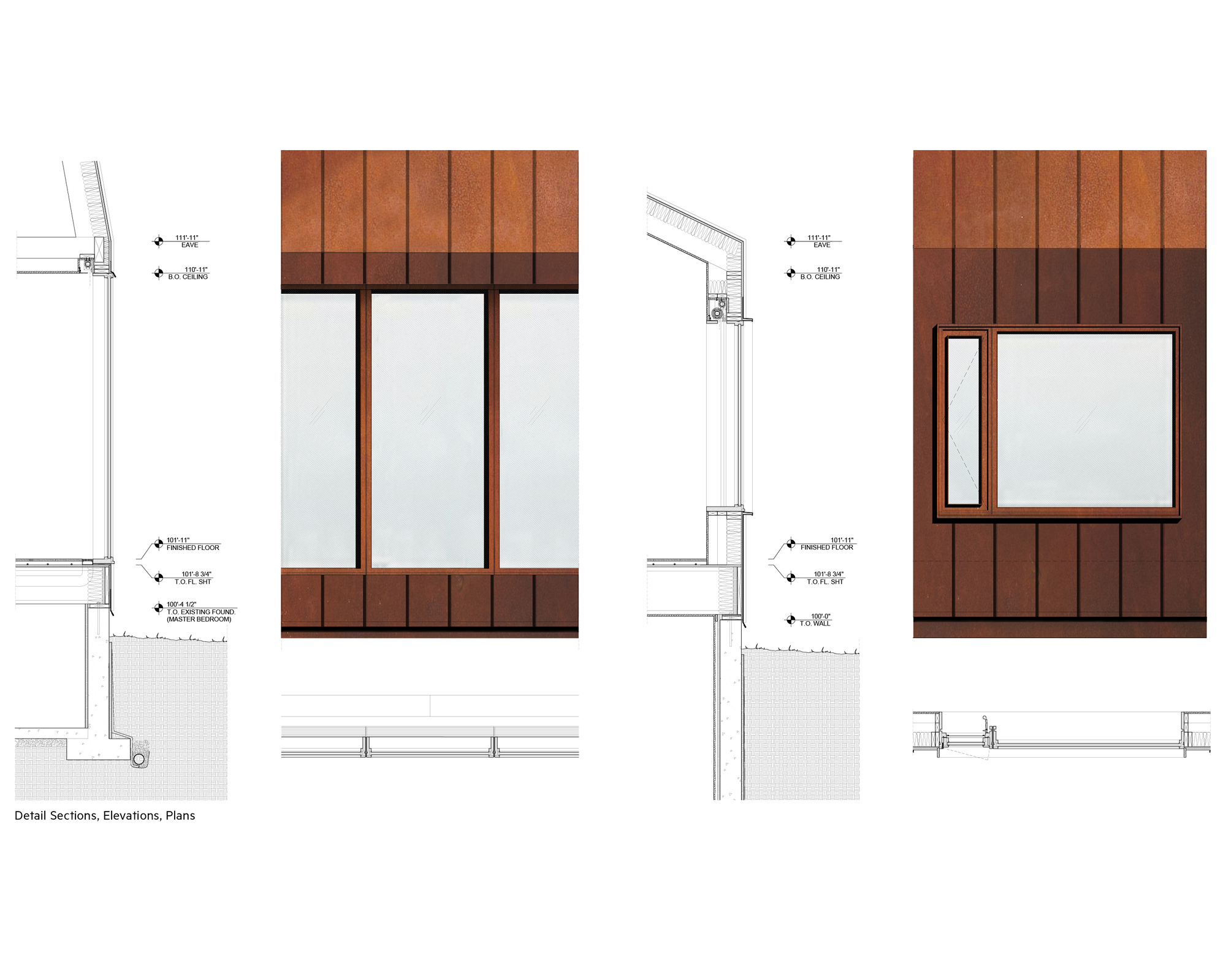 Detail drawings pairing wall sections and elevations of a glazed window bay and a punched window in vertical rust-colored cladding