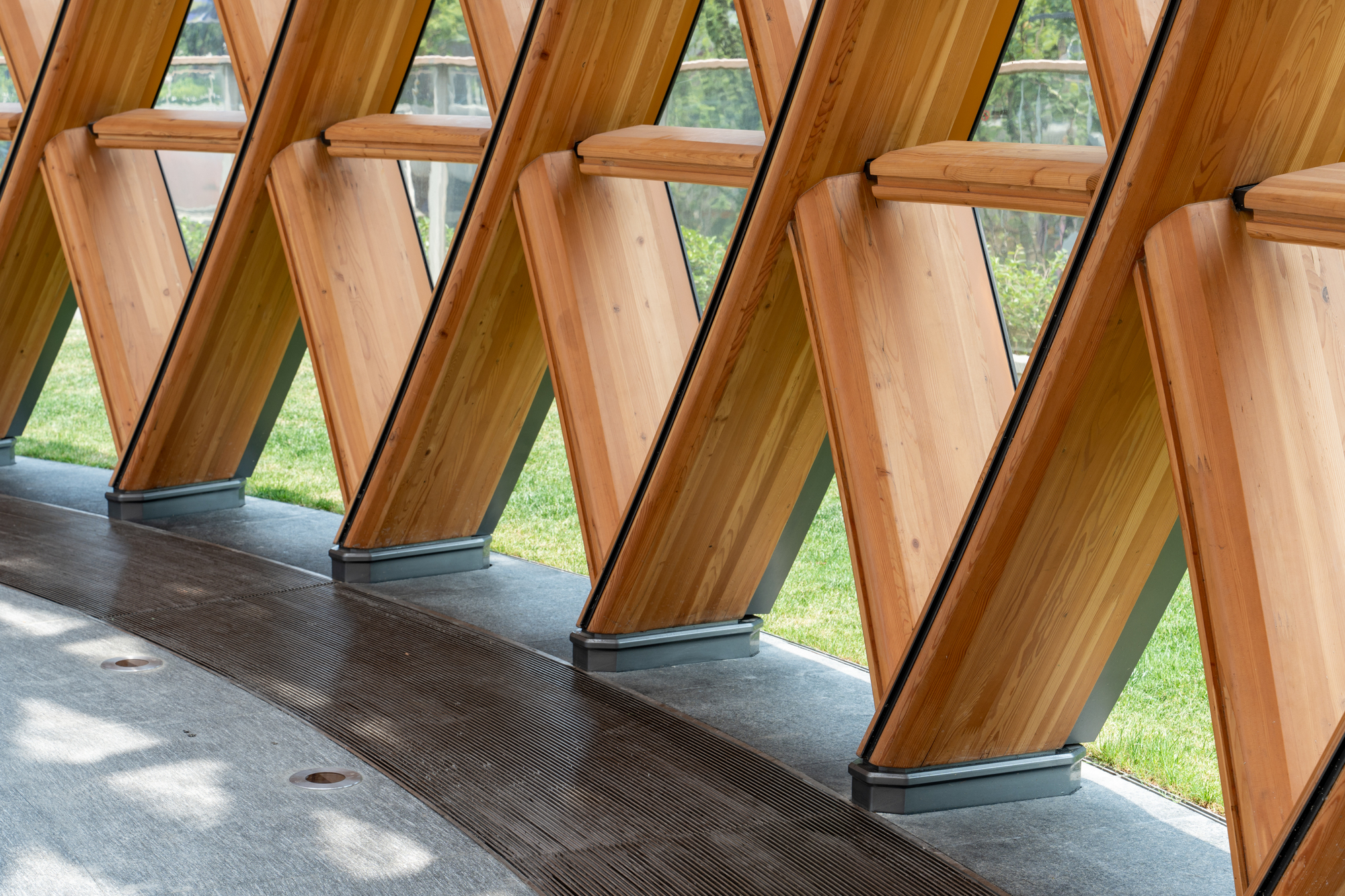 Angled timber posts on gray steel bases along a curved stone floor, with sunlit lawn and trees beyond the glass