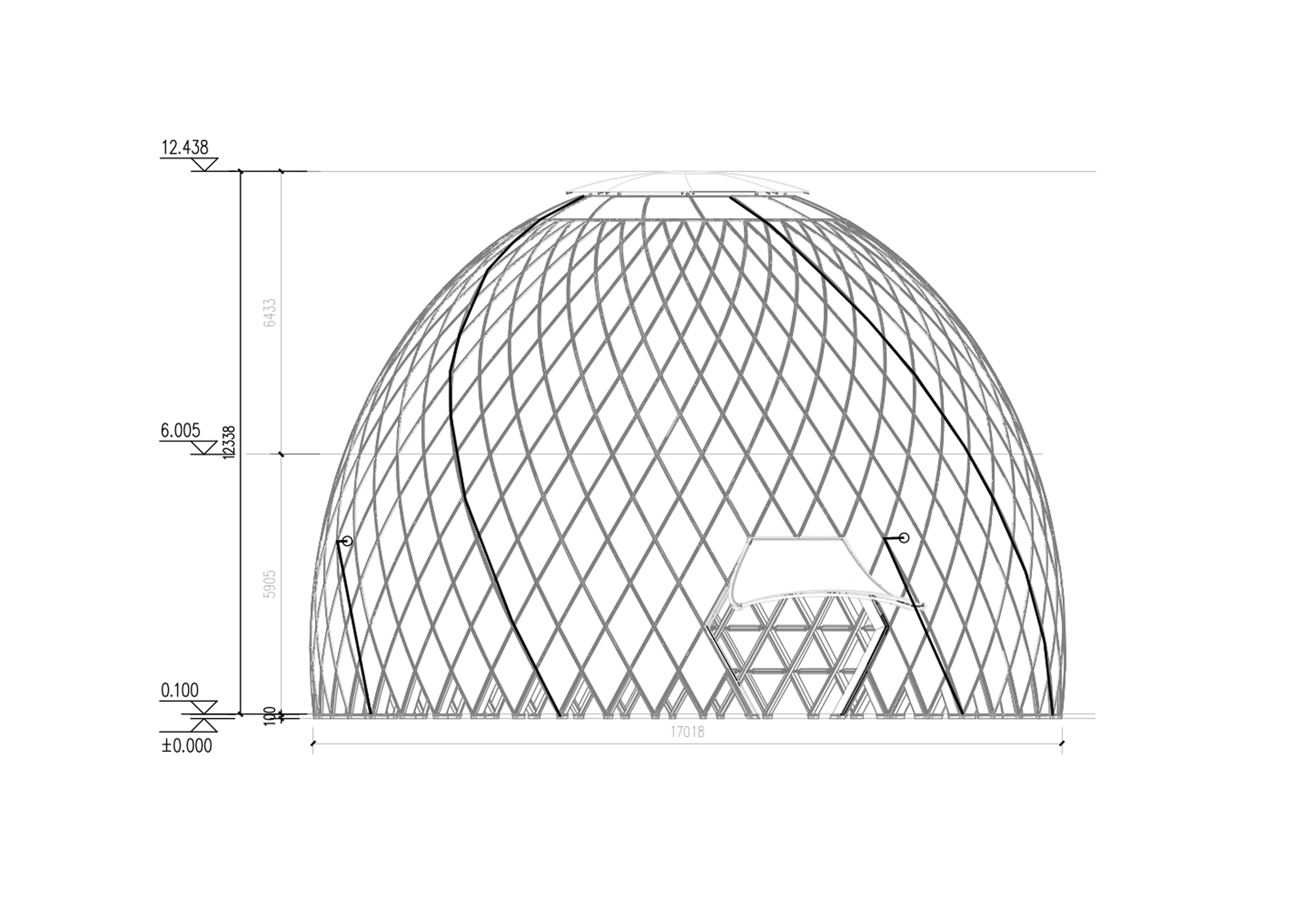 Elevation drawing of the domed lattice structure showing height levels, overall width and a small canopy at the entrance opening