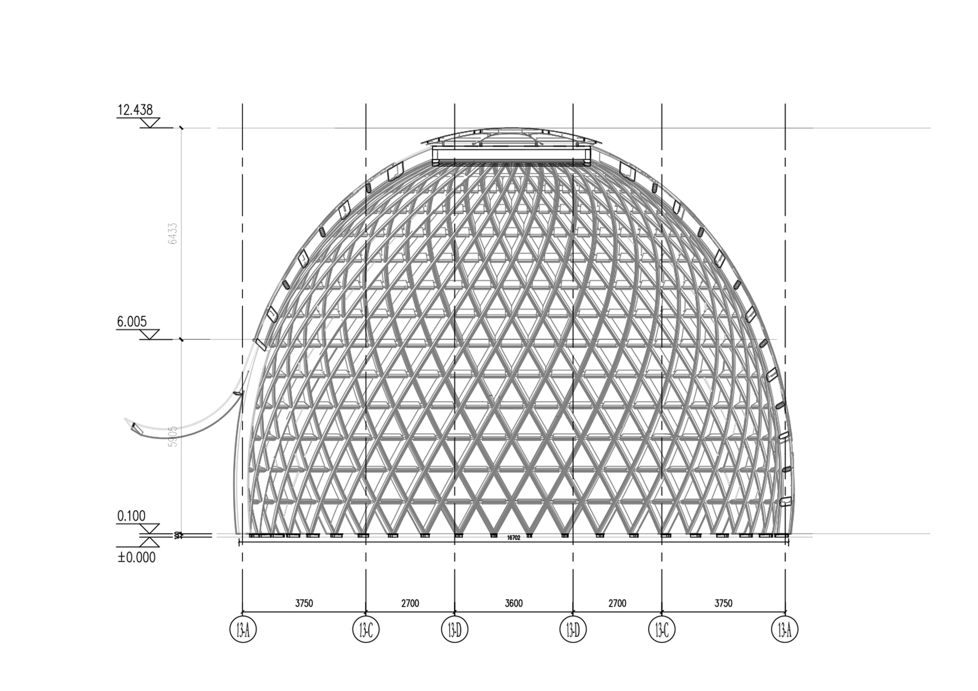 Elevation drawing of a domed lattice shell of crossing timber ribs, with level marks and grid dimensions along the base