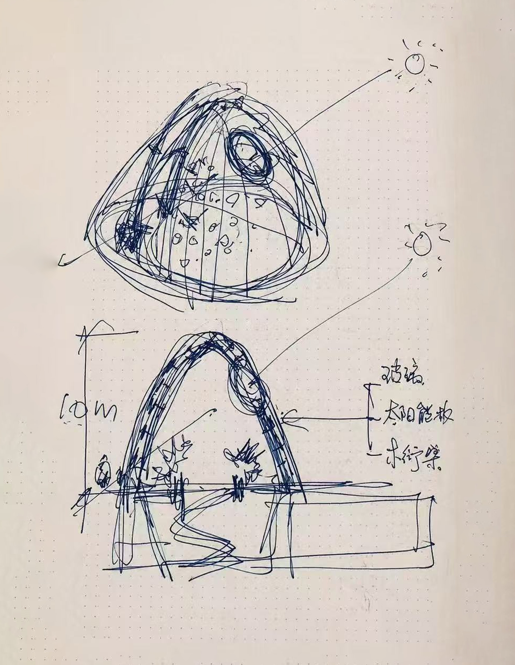 Hand sketch in blue ink showing a dome from outside and in section, with sun symbols and handwritten material notes