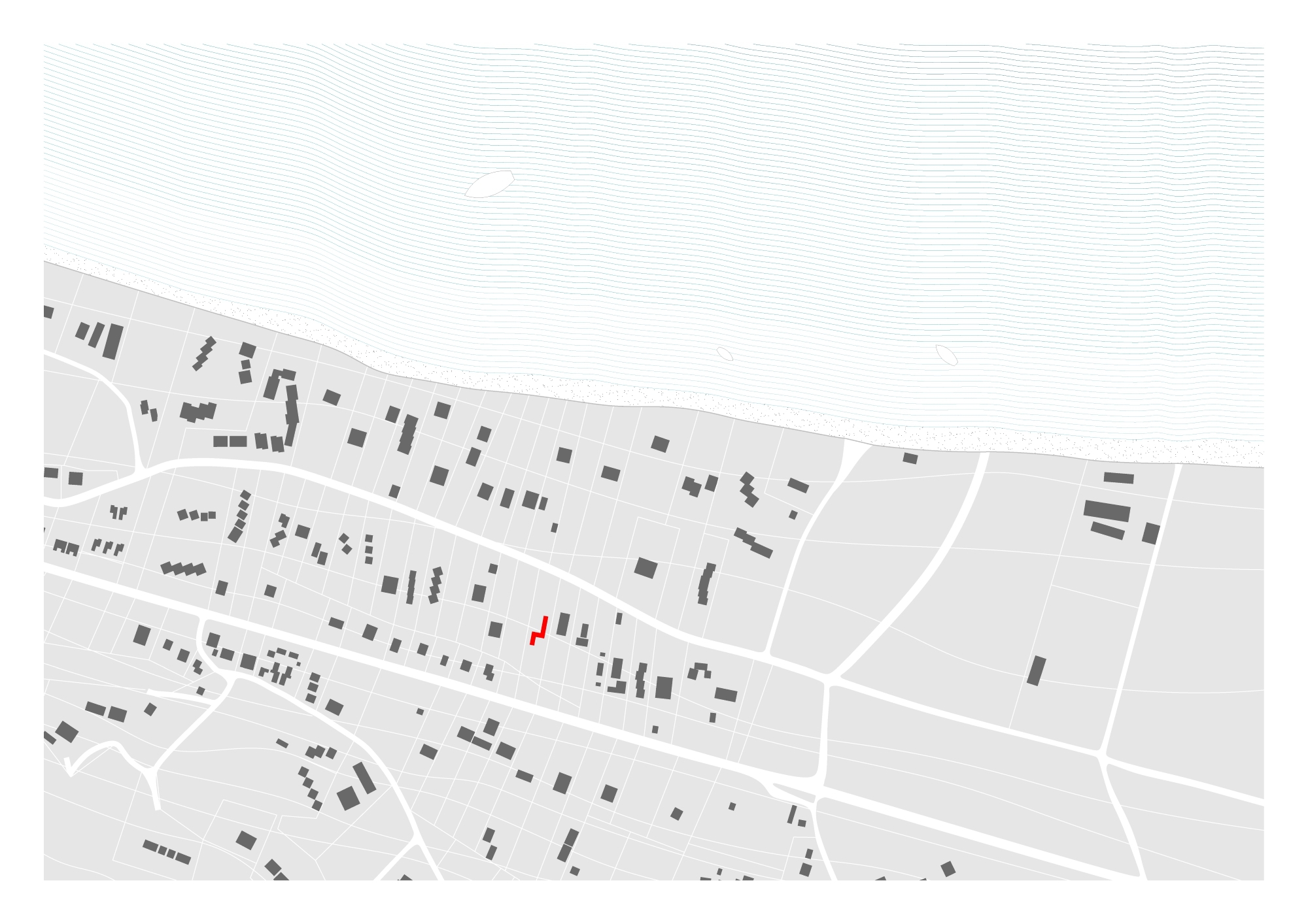 Site plan drawing showing a coastline, street grid and scattered building footprints, with one small footprint marked in red