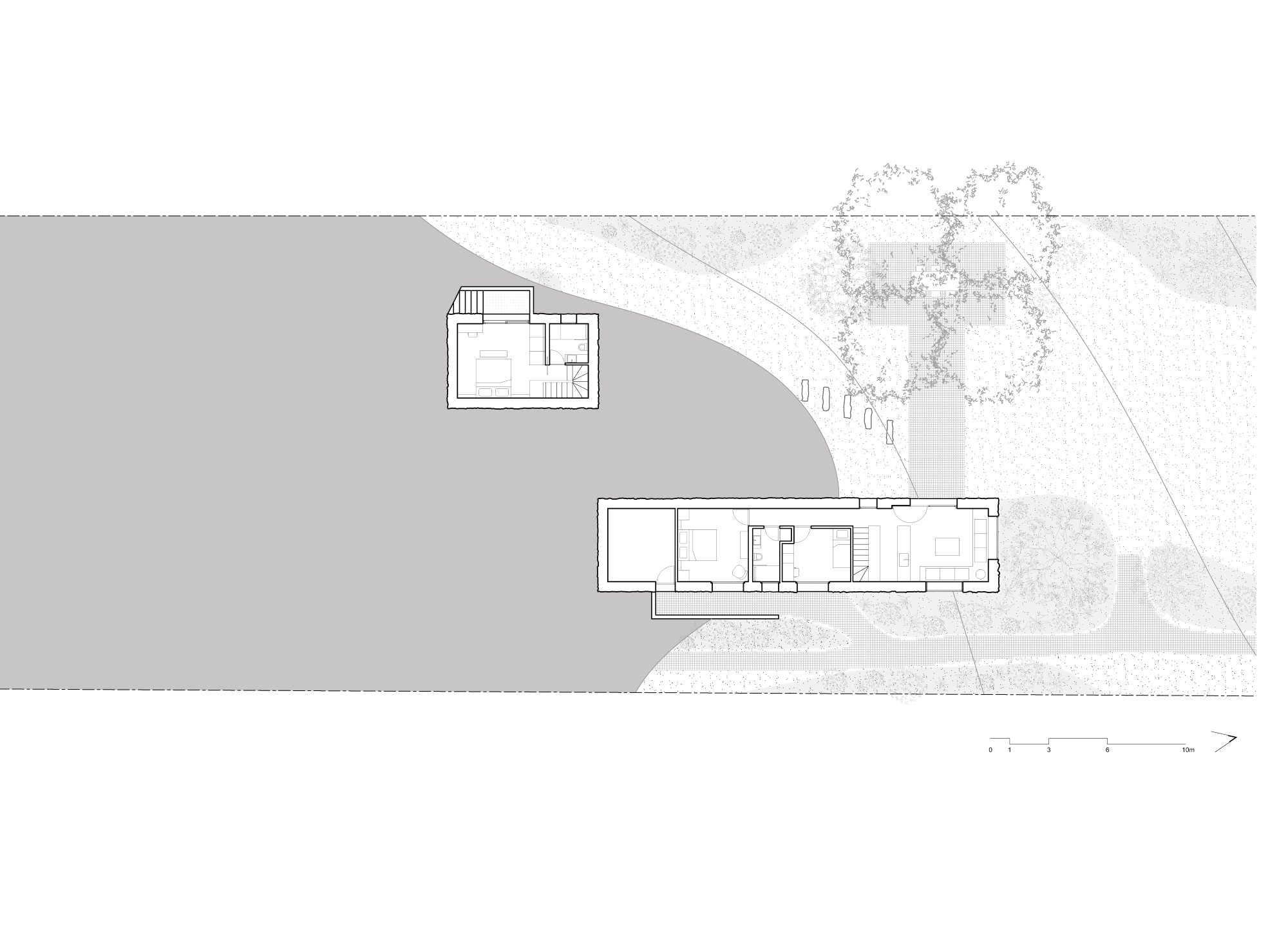 Ground floor plan drawing showing a small separate volume and a long bar of rooms beside a large tree and a grey terrain area