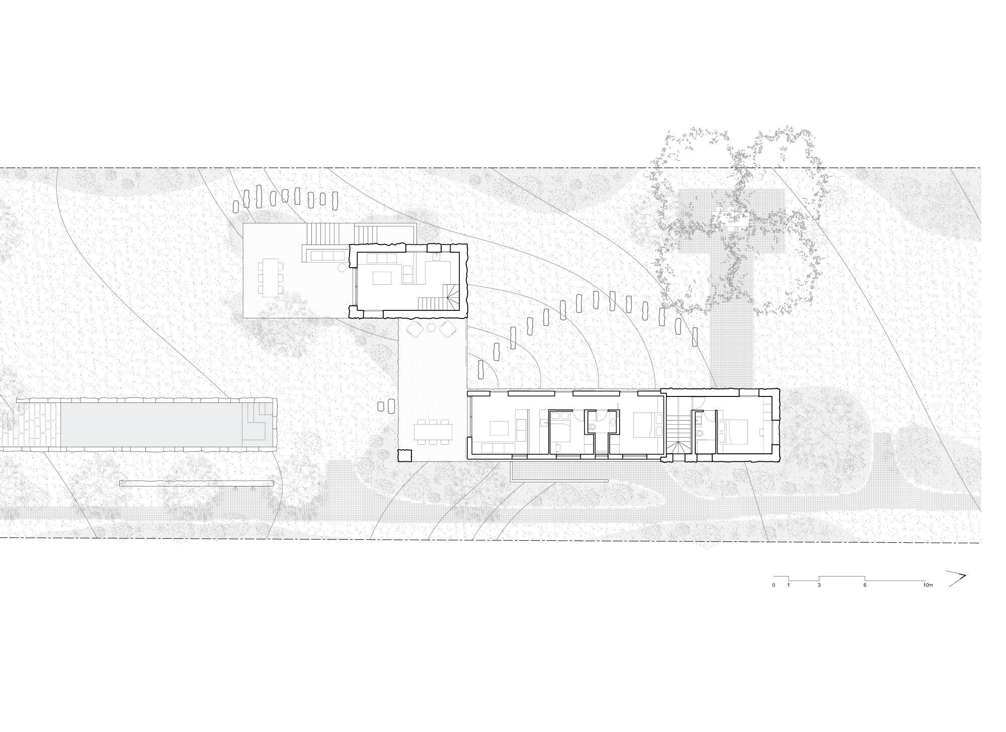 Upper floor plan drawing showing a long bedroom wing linked by a terrace to a smaller tower, with a pool and stepping stones nearby
