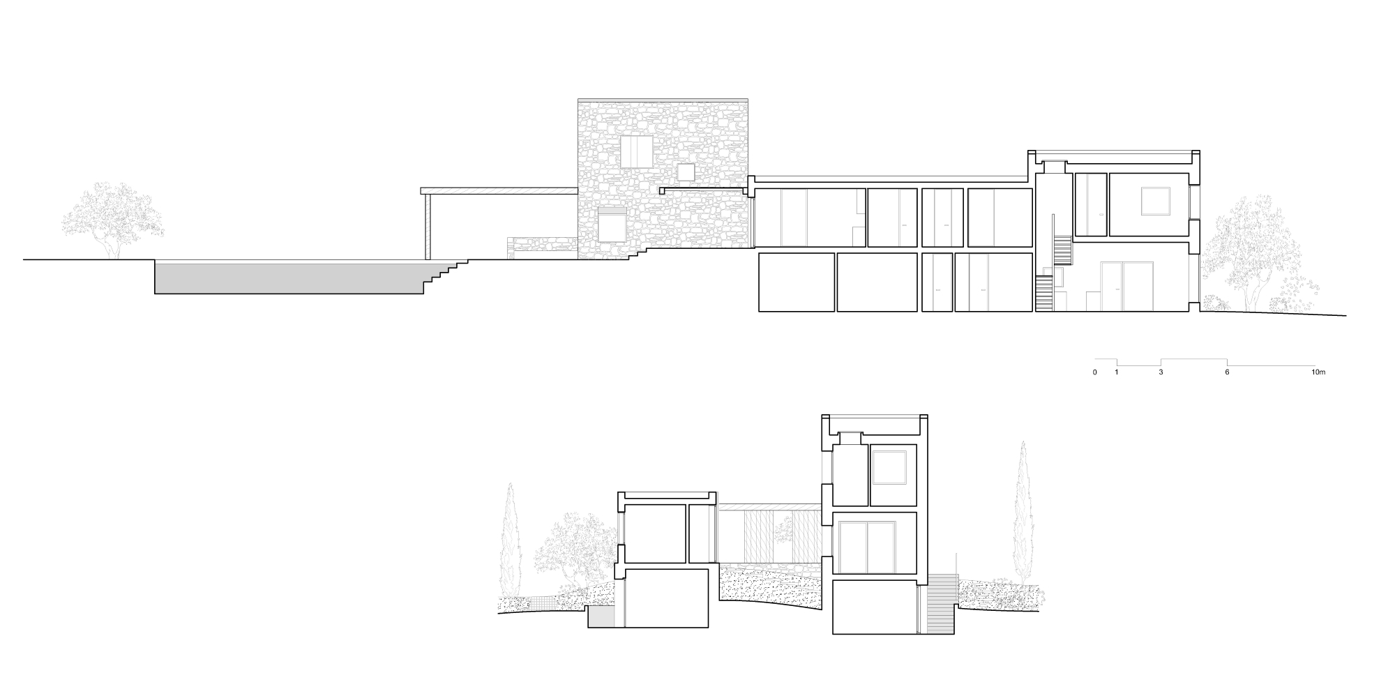 Two section drawings cutting through stepped floors, a stone tower, a long wing and a sunken pool, with trees and cypresses at the edges