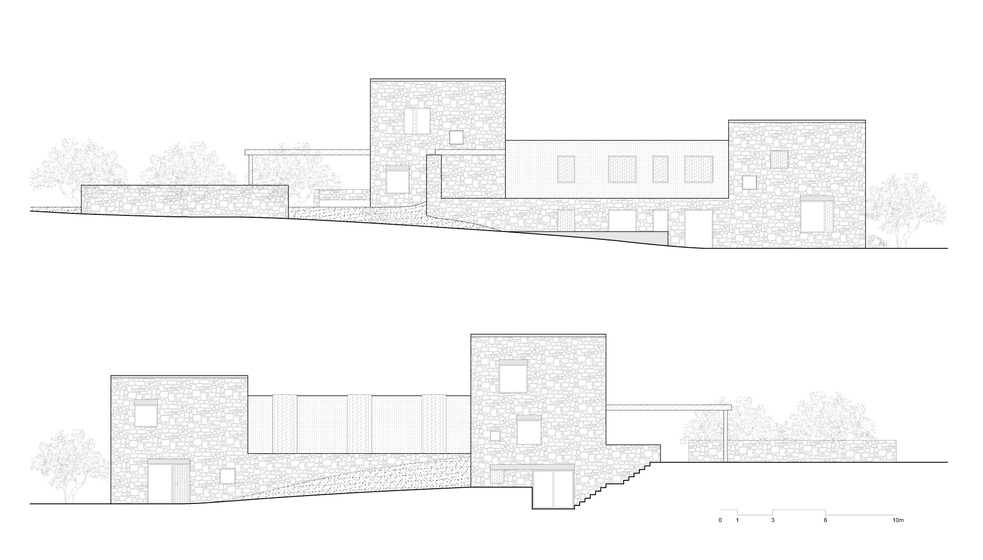 Two elevation drawings of stone-clad towers and a lower glazed wing stepping down a sloping site, with olive trees beside them
