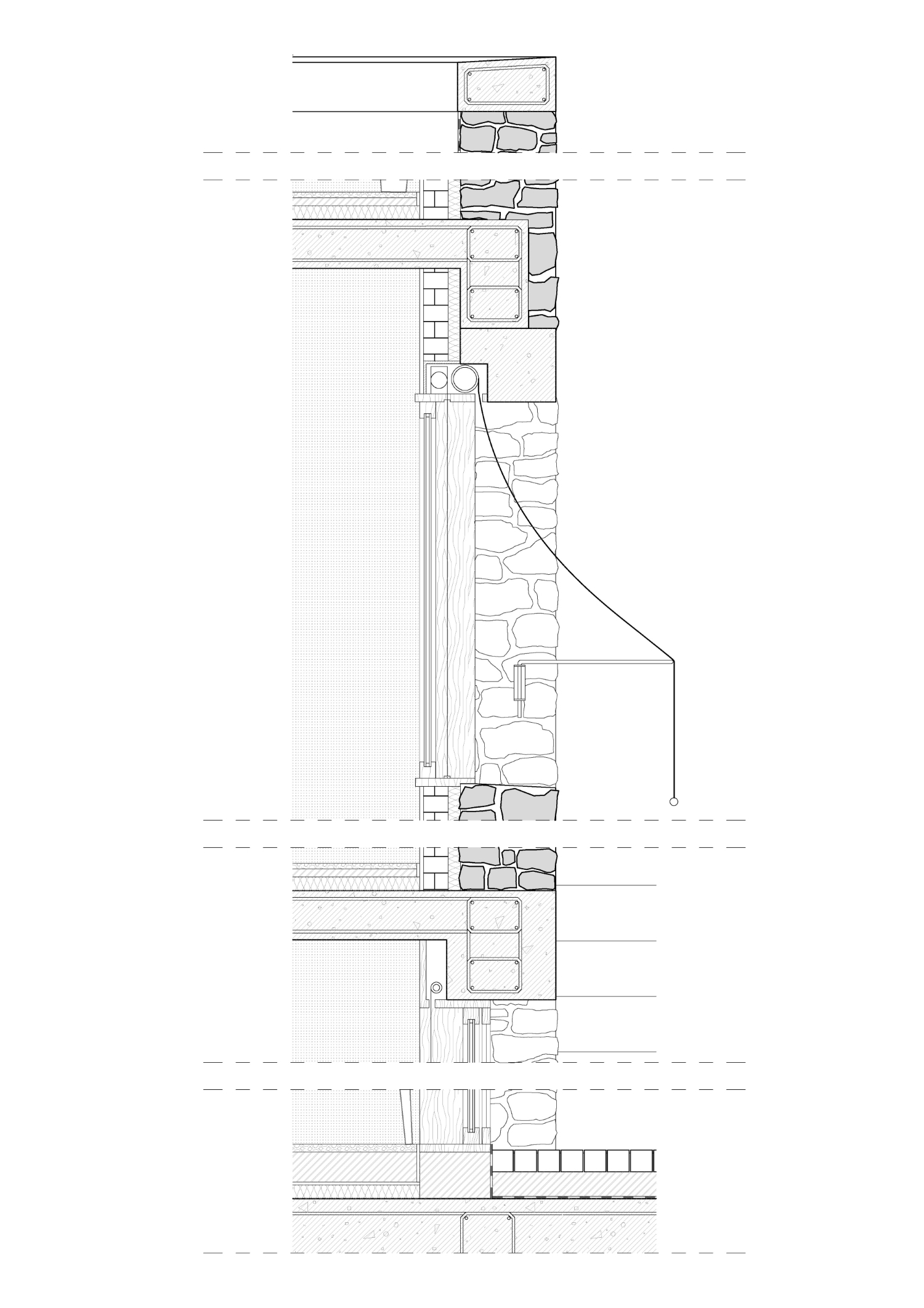 Detail section drawing of a rubble stone wall showing a window, roller shade, concrete floor edges and a cable running down the exterior
