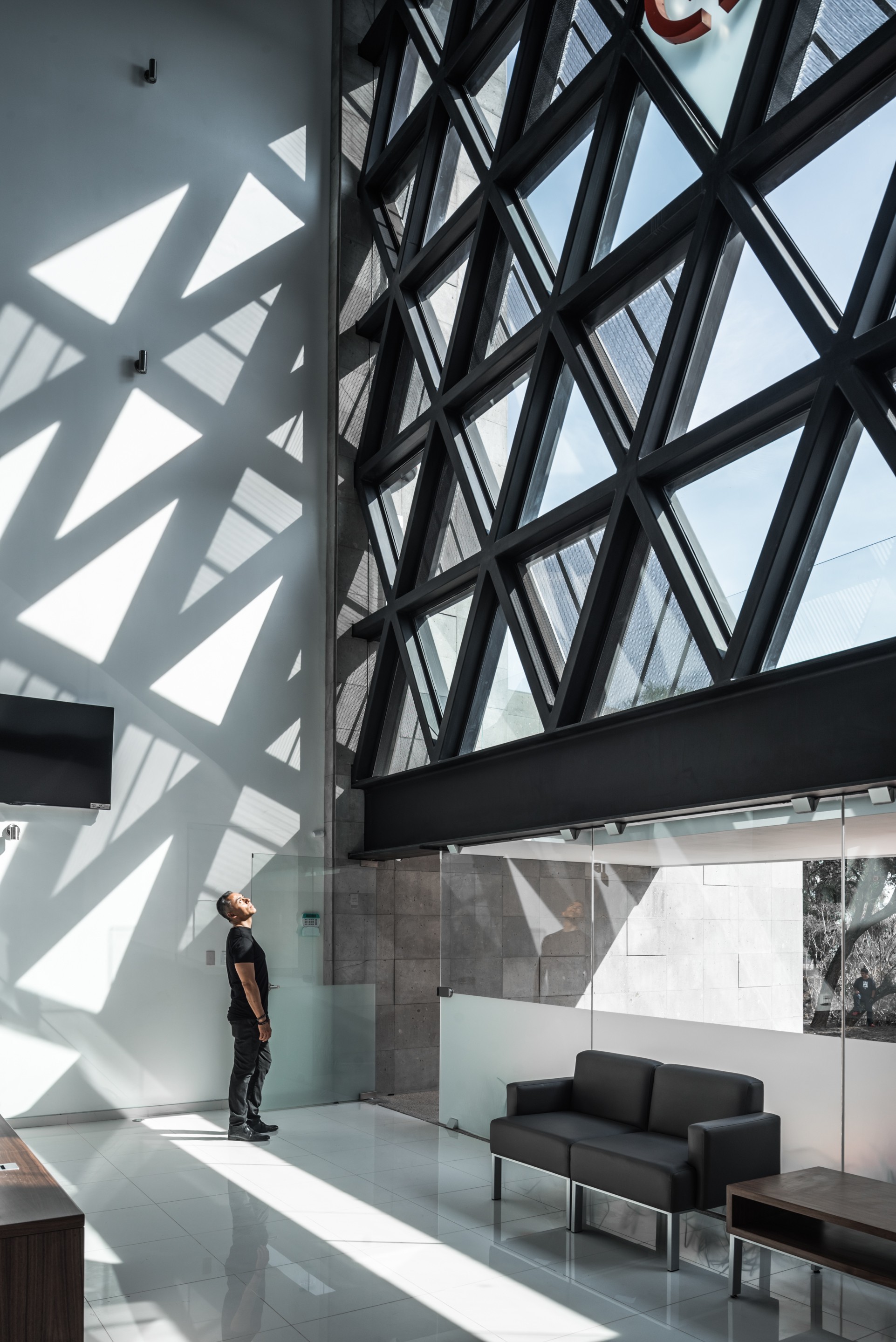 Man looking up at the diagonal steel glazing grid in the lobby, with sunlight triangles on the wall and a black sofa below