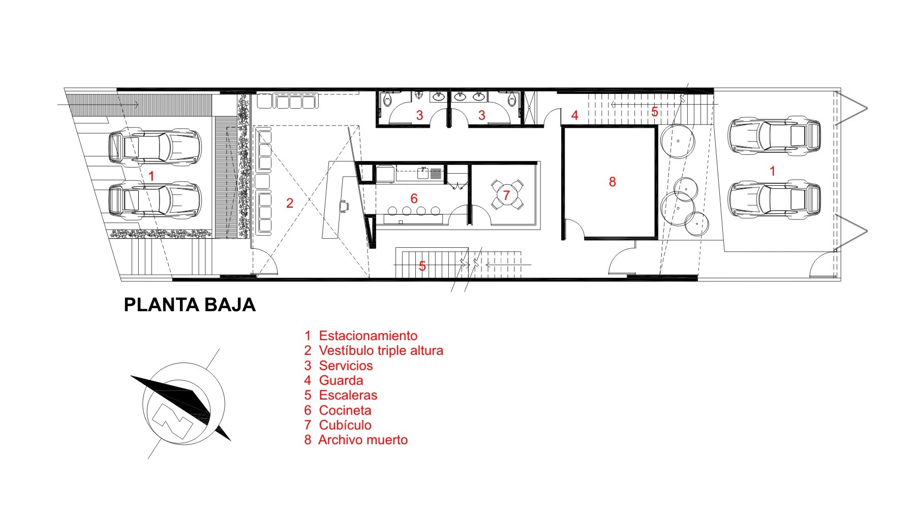 Ground floor plan drawing with parking bays at both ends, a triple-height lobby, restrooms, a kitchenette and an archive room