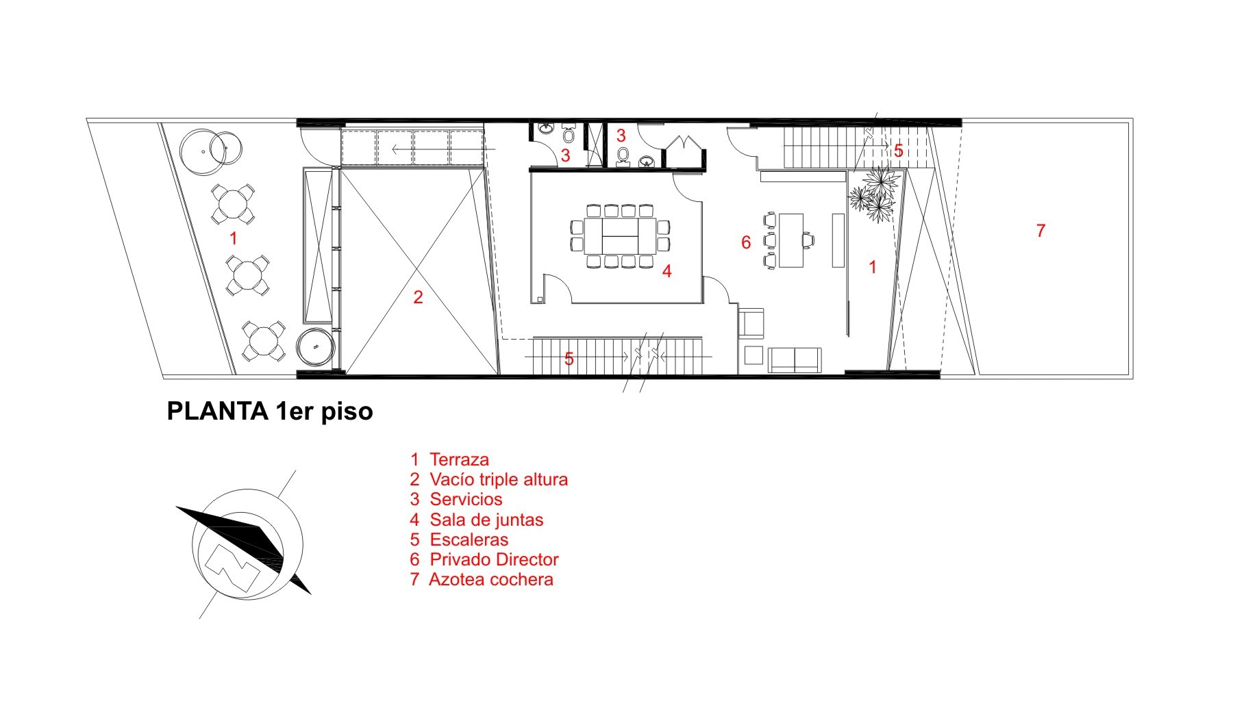 First floor plan drawing showing a terrace, a triple-height void, a meeting room, a director's office and a garage roof deck