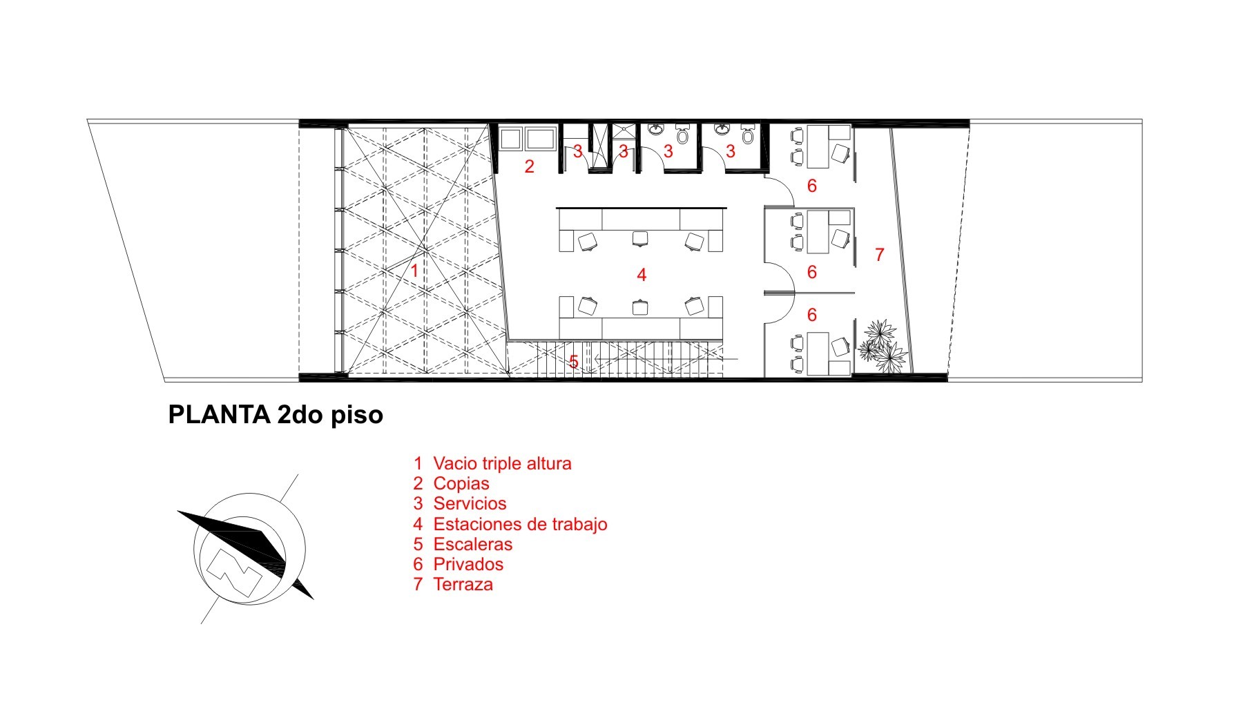 Second floor plan drawing showing a triple-height void, workstations, stairs, private offices and a terrace, with a north arrow below