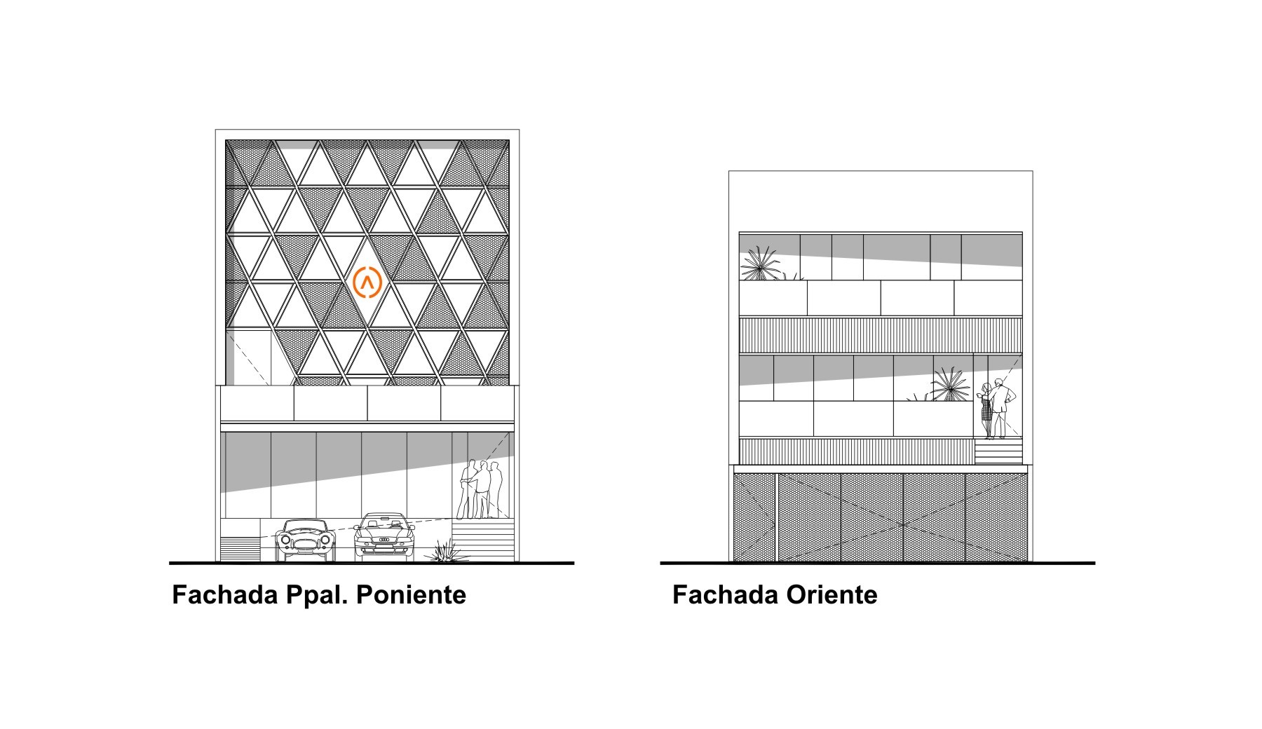 Elevation drawings of the west facade with a triangulated screen and the east facade with terraces, plus parked cars and standing figures