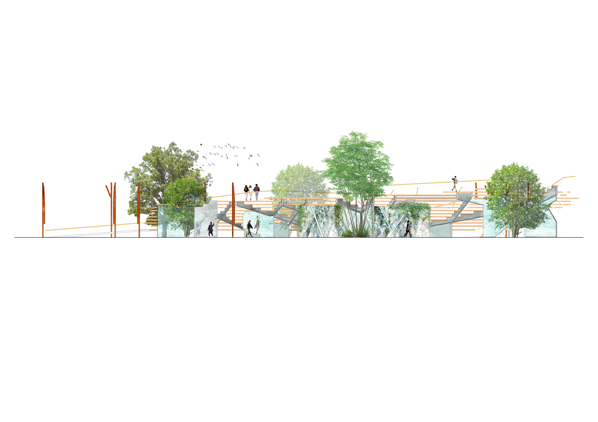 Section drawing showing a terraced stepped structure with trees, stairs and walking figures, flanked by tall rust-colored posts