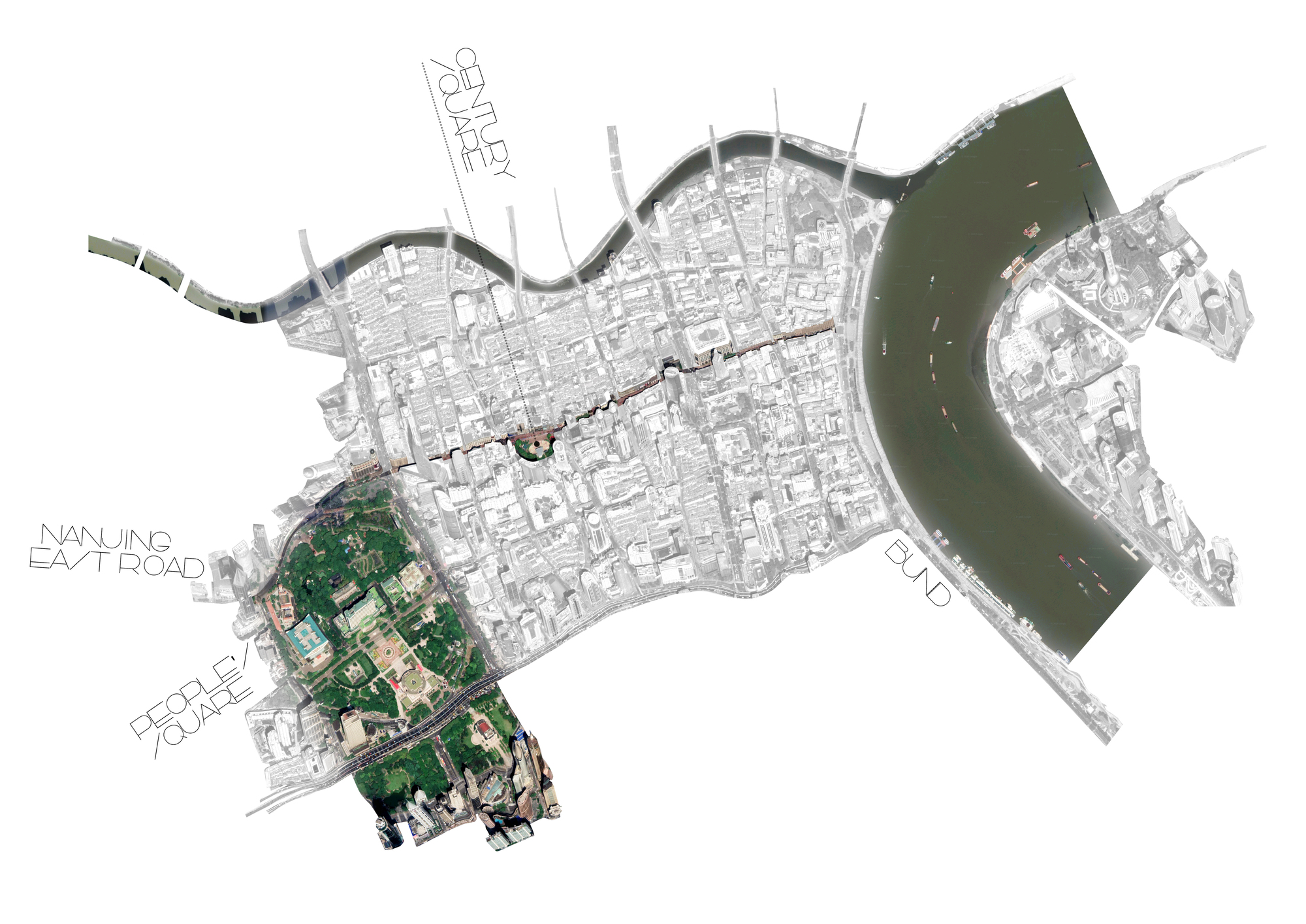 Aerial site plan collage mapping a park, a river bend and a street running through the dense city grid
