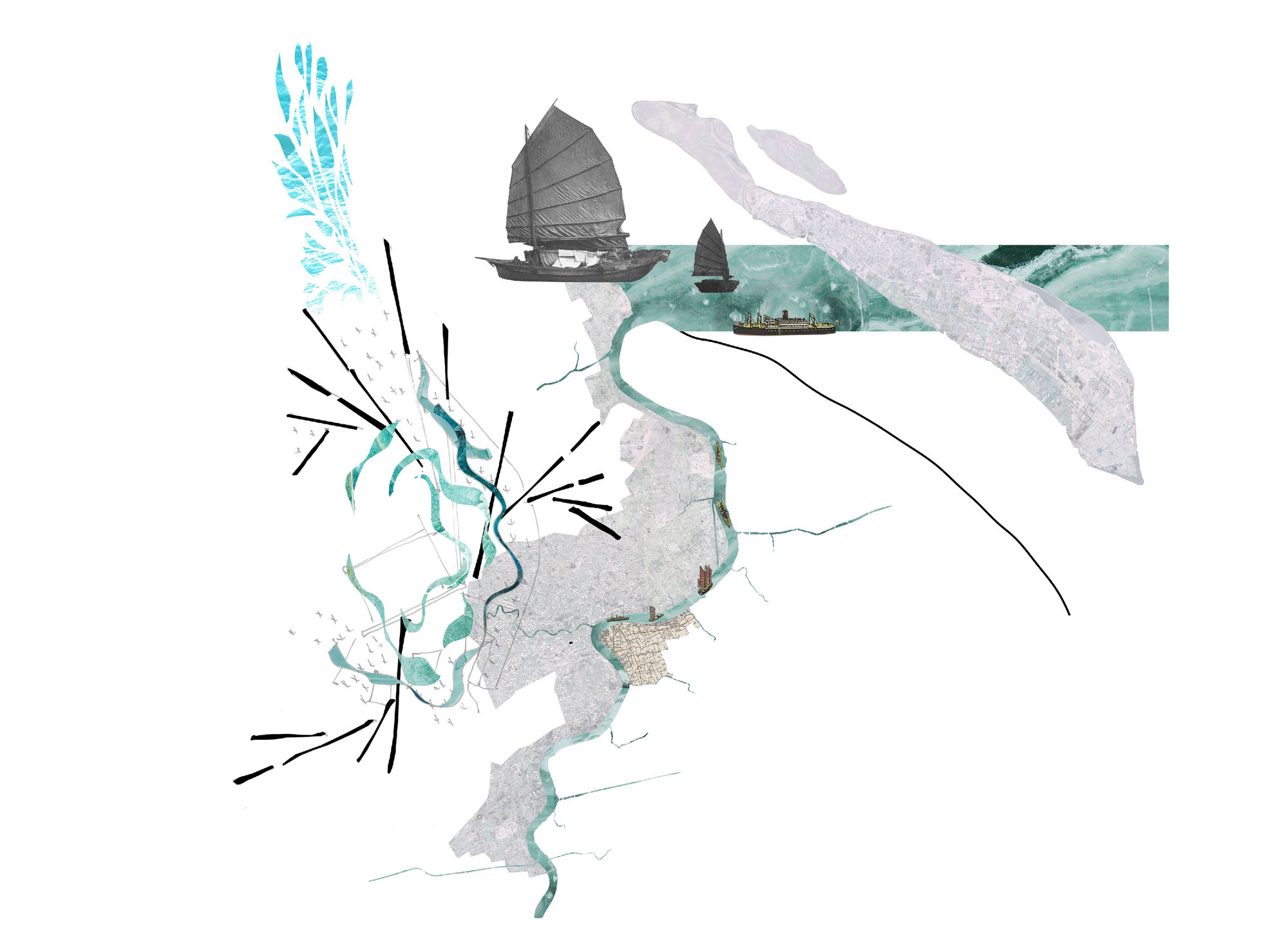 Collage map drawing of a winding river and city fabric, with junk sailboats, a steamship and black strokes radiating from tangled teal channels