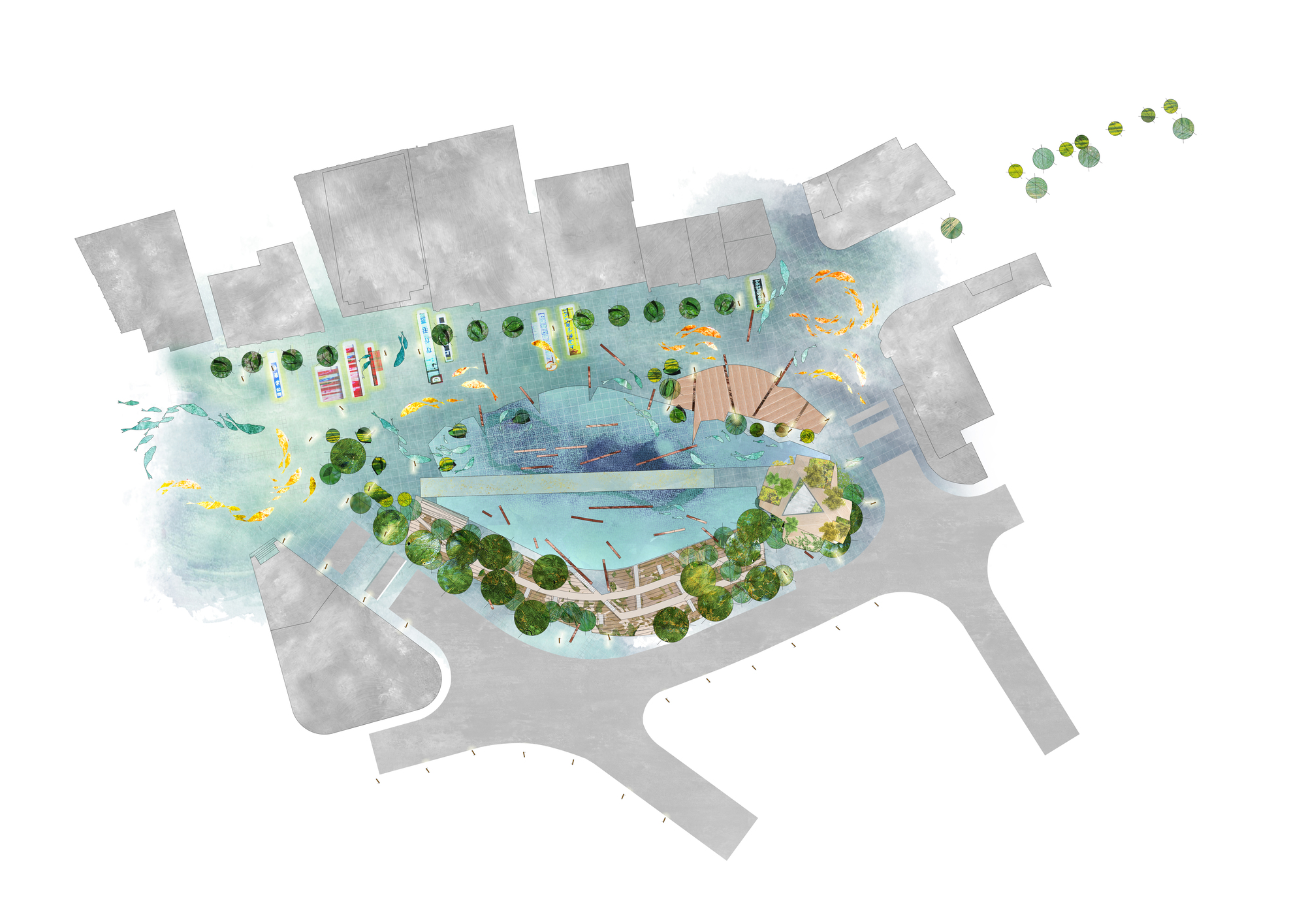 Site plan drawing of a waterfront plaza with a pool, orange fish shapes, tree clusters and a timber deck beside gray surrounding blocks