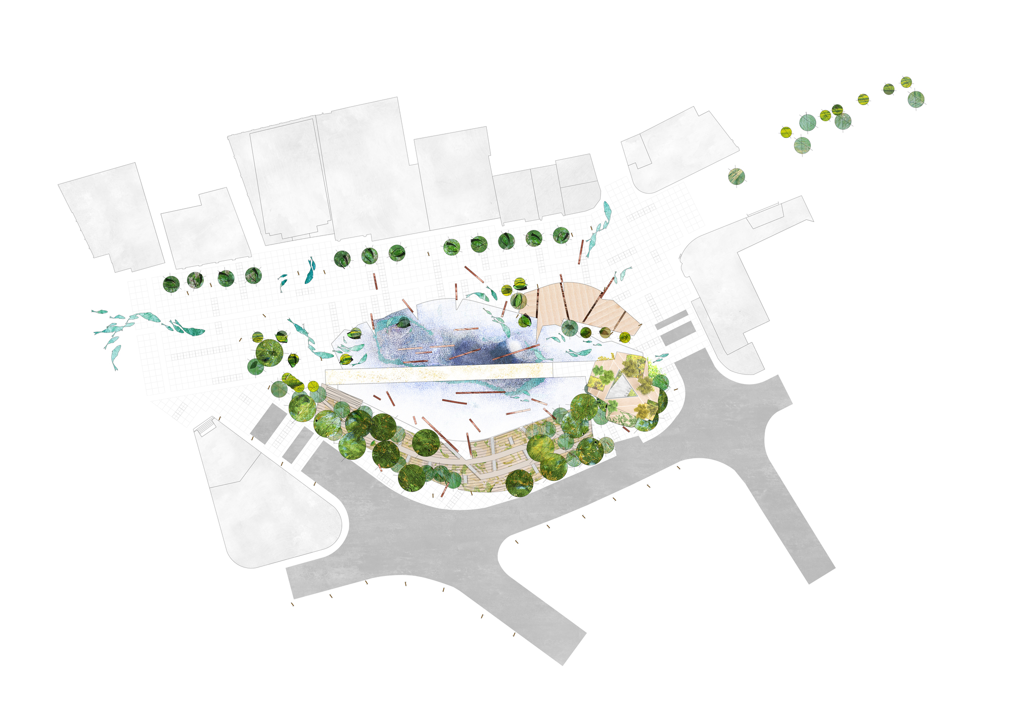 Site plan drawing of the same plaza with the water pale and faded, showing a long linear bar, tree canopies and a paved grid
