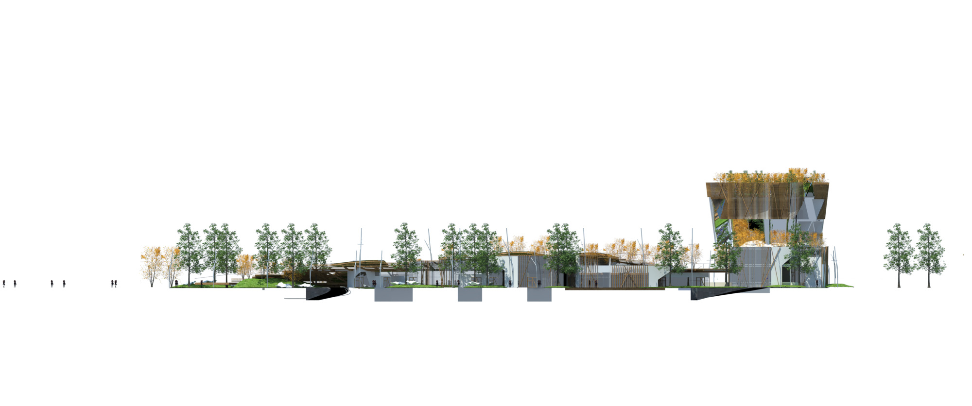 Long elevation drawing of low undulating roofs and a tall planted tower at right, with rows of trees and small figures at left
