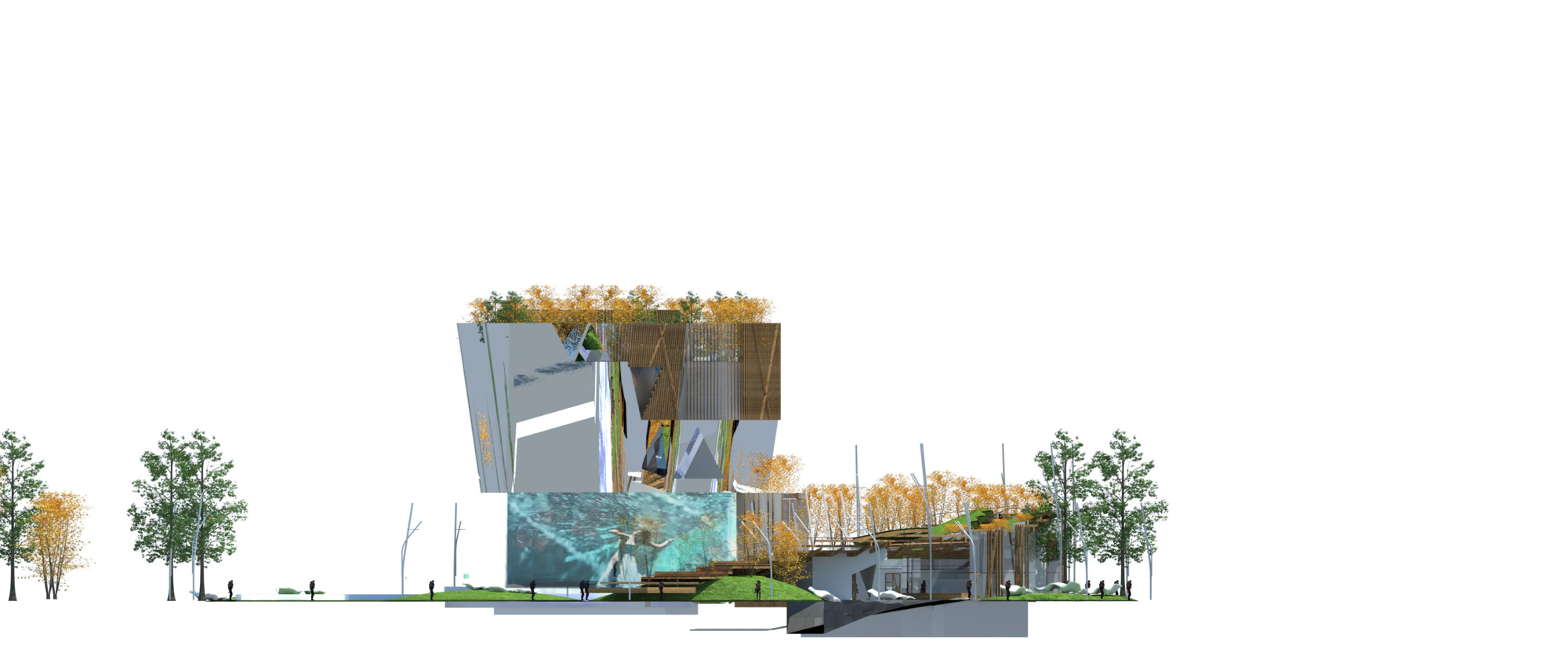 Section drawing of a tilted tower with timber screens and a rooftop garden above a large underwater mural, with trees and a ramp