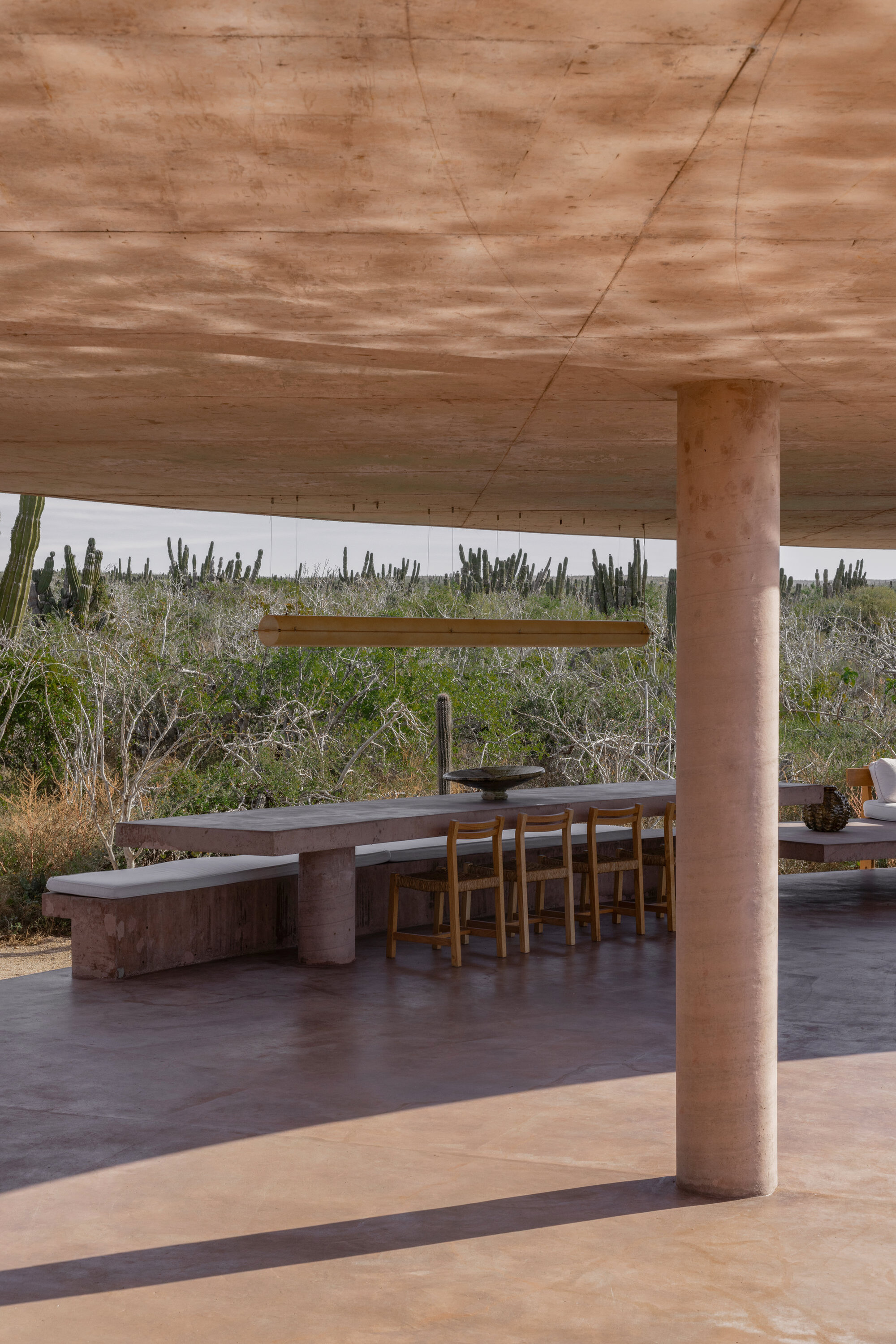 Long concrete dining table with timber chairs and built-in bench under a canopy, with dappled light on the soffit