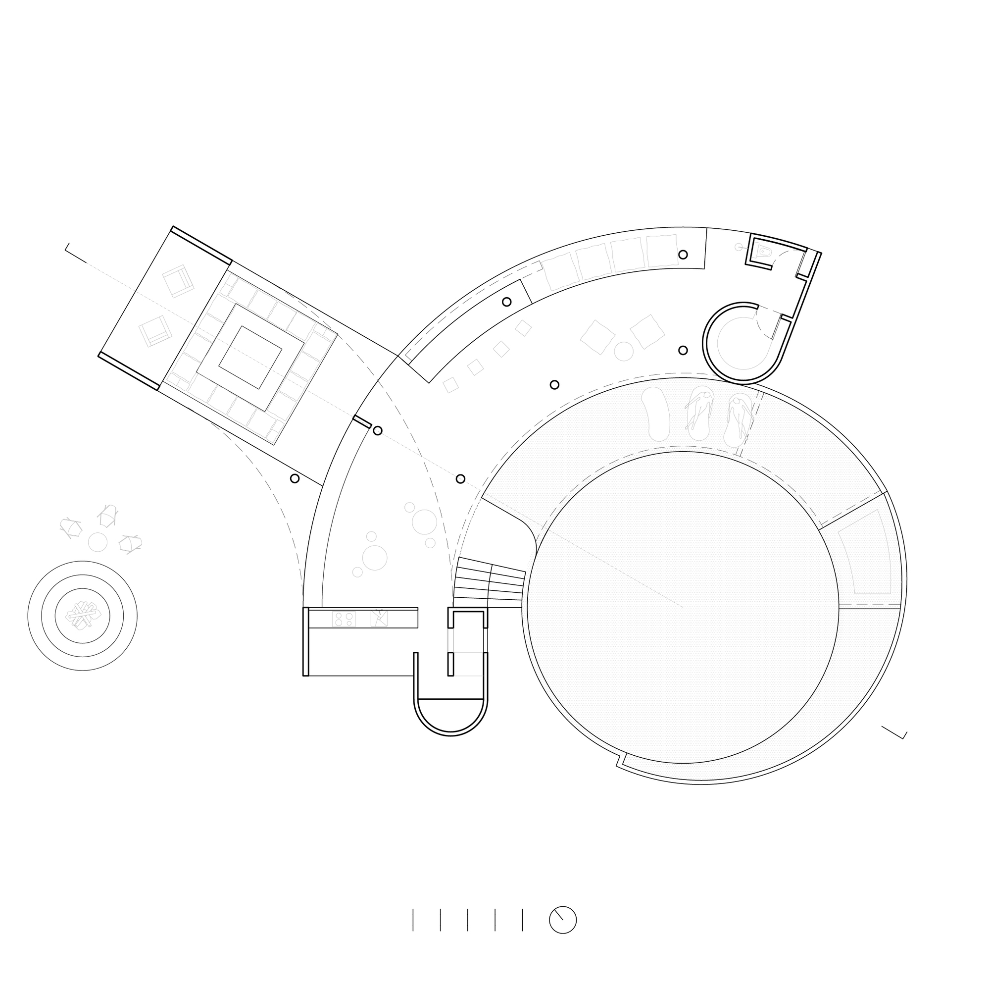 Floor plan drawing showing a large circular volume joined to curved and rectangular wings, with a stair and small round rooms
