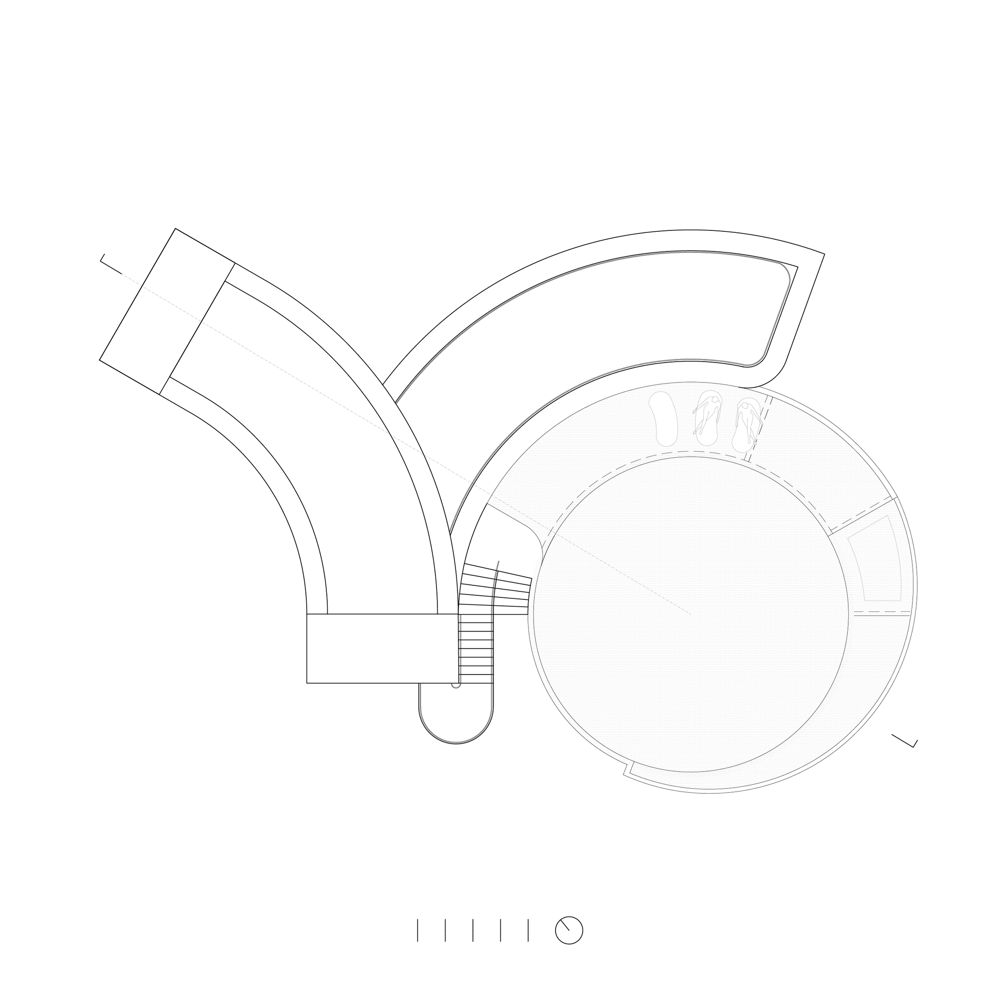Roof plan drawing showing curved bands wrapping beside a large circular form, with a stair and a rounded end volume
