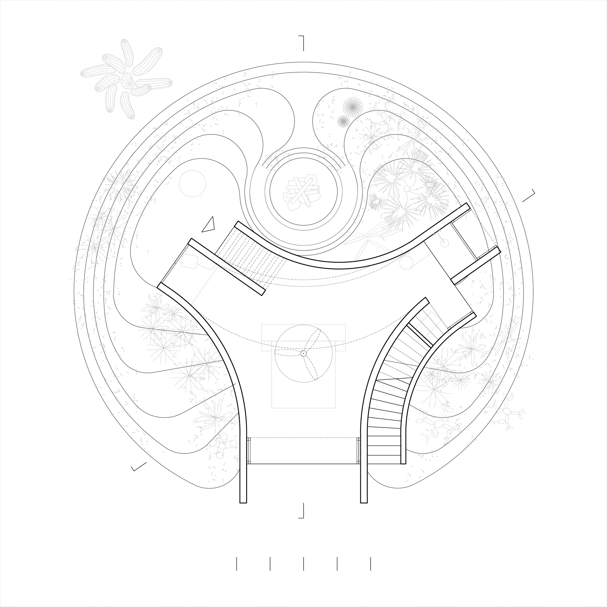Floor plan drawing showing three curved walls meeting at a central core, with stairs and a circular garden of planted terraces