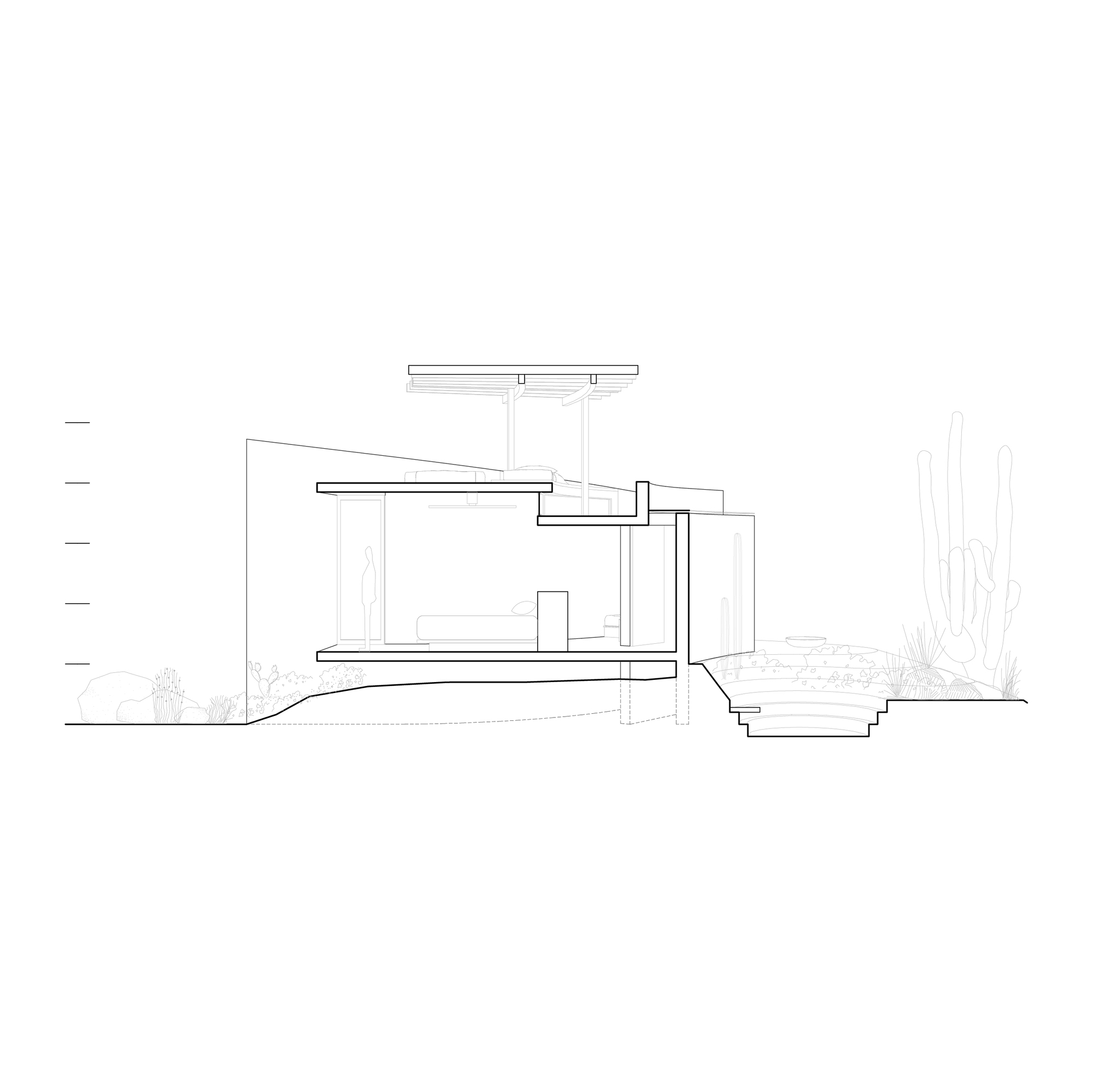 Section drawing cutting through a two-level volume with a pergola roof above, set on sloping ground beside a tall cactus