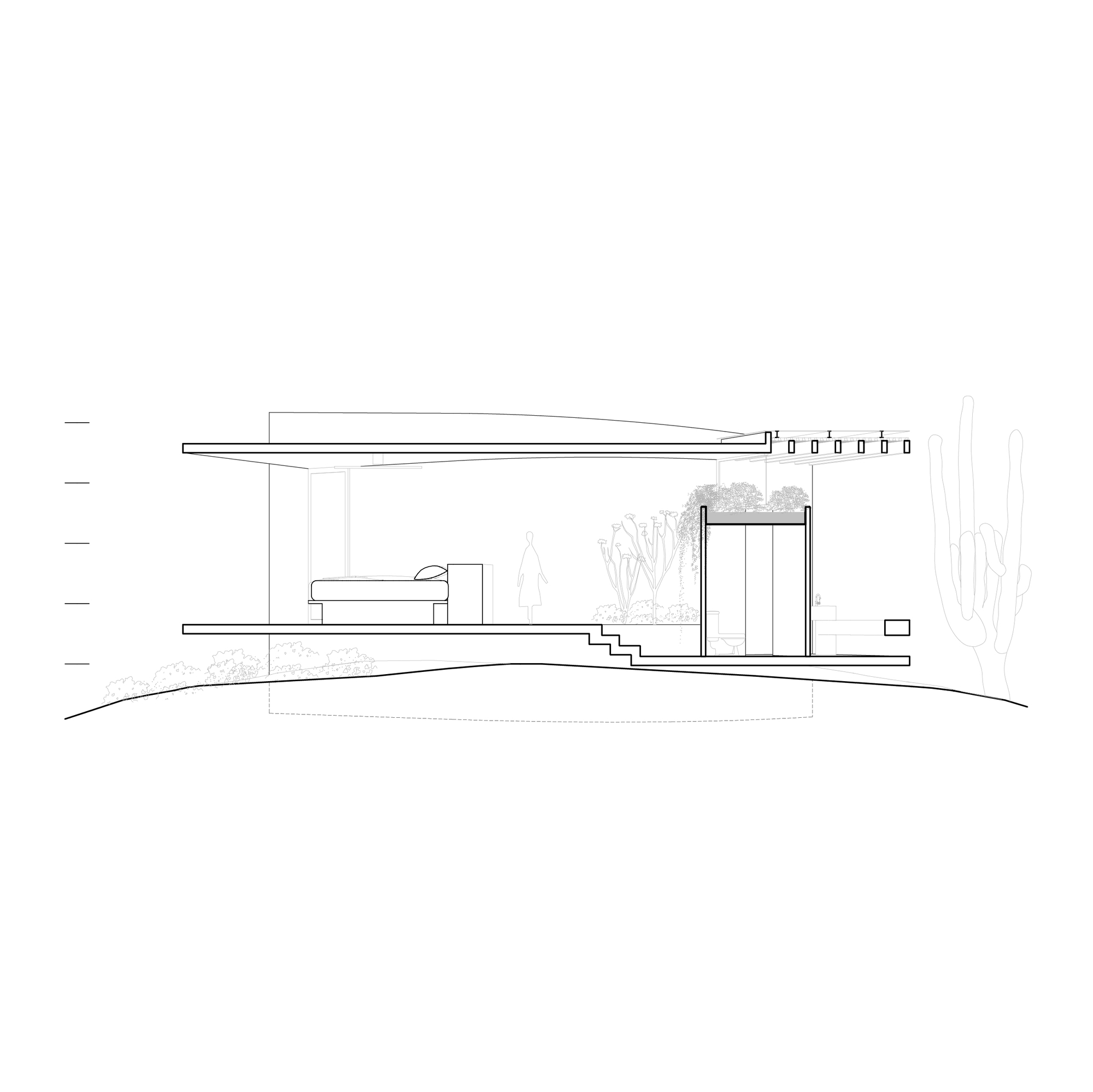 Section drawing of a bedroom level under a slim roof, with a standing figure, short stairs and a planted rooftop box