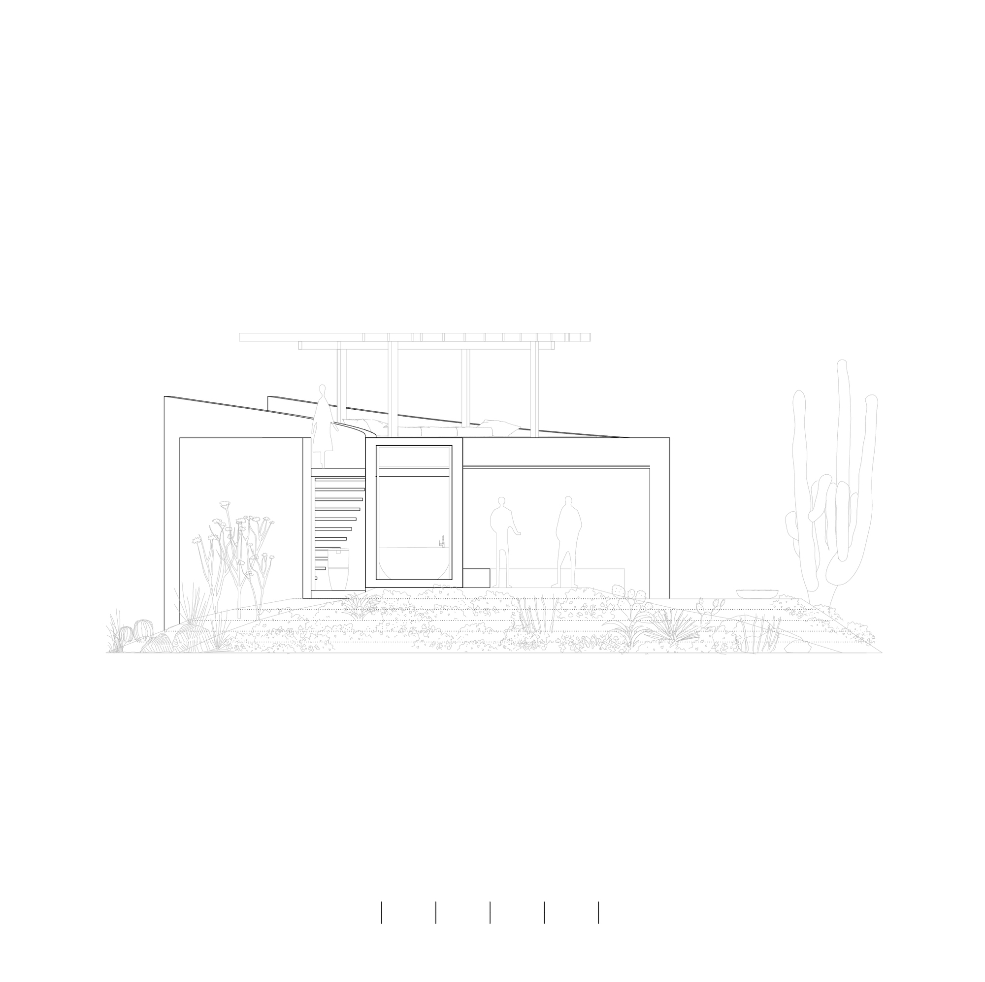 Elevation drawing of a sloping roof with a pergola, a framed glass opening, an exterior stair and two figures among desert plants