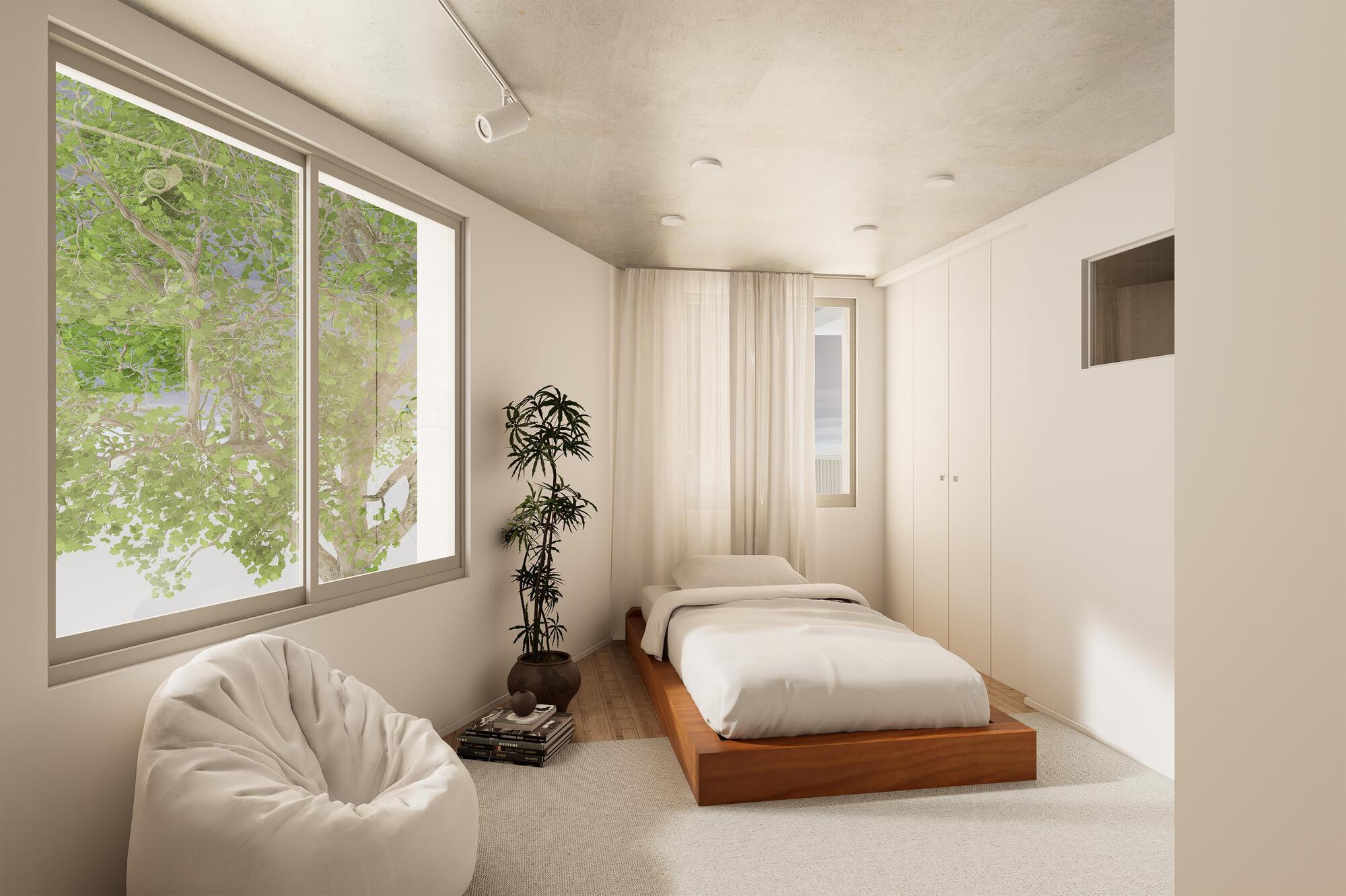 Rendered bedroom with a low timber bed, white curtains and a bean bag beside a window filled with tree foliage