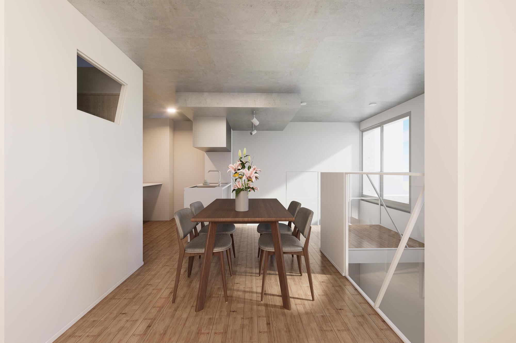 Rendered dining area with a wooden table, grey chairs and a vase of lilies under an exposed concrete ceiling