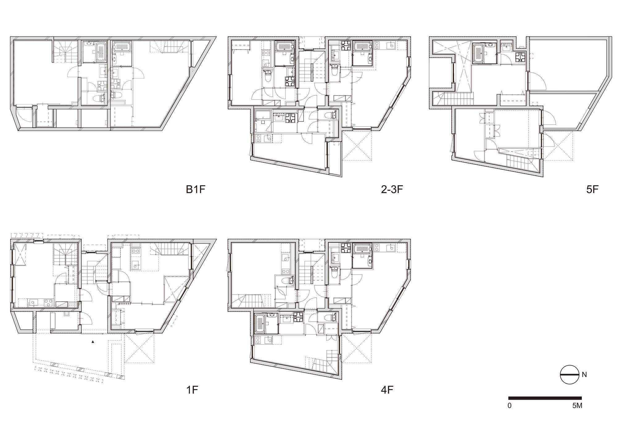 Floor plan drawings of basement through fifth floors showing angular apartment layouts, stairs and bathrooms around a shared core