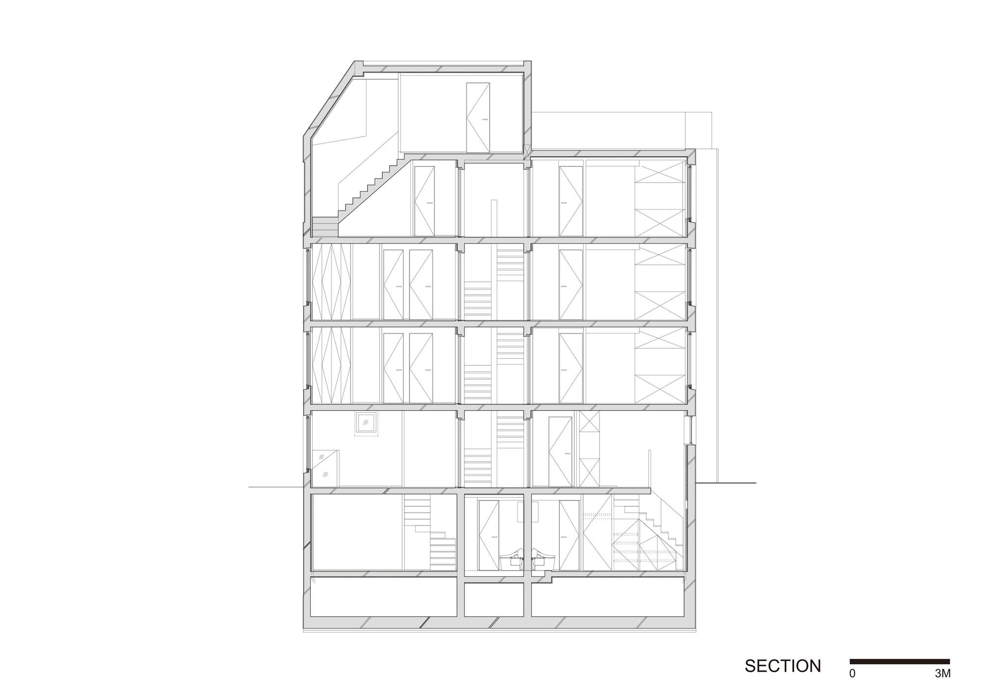 Section drawing of a five-storey block with basement, stacked floors, a central stair run and an angled top-floor volume